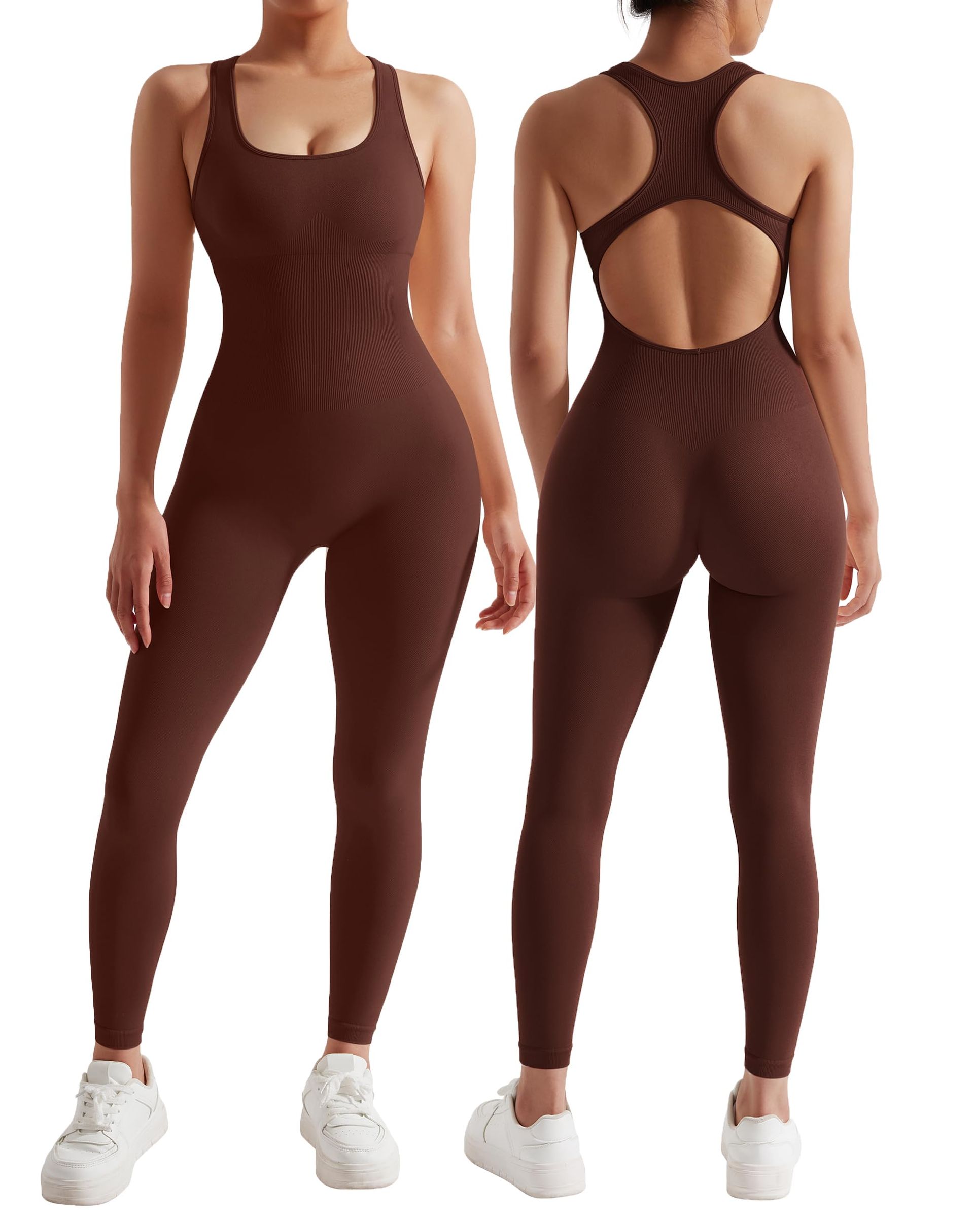 Women's Sleeveless All-In-One Jumpsuit Seamless Bodycon Yoga Romper - Brown S