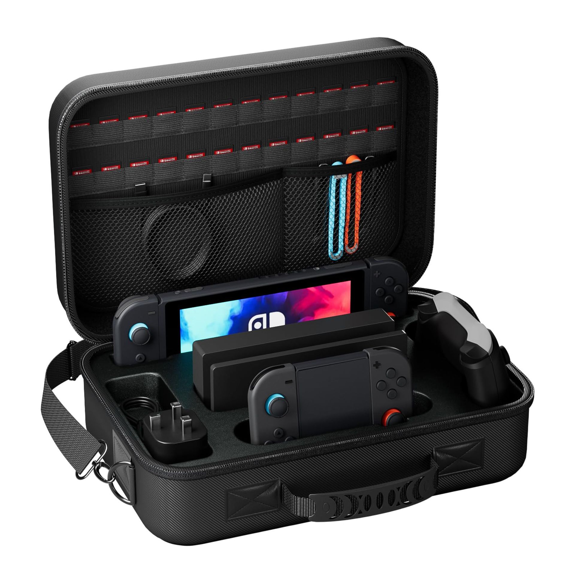 Nintendo Switch 2 Carry Case Hard Travel Bag with Shoulder Strap & 24 Game Card Slots – Black Large