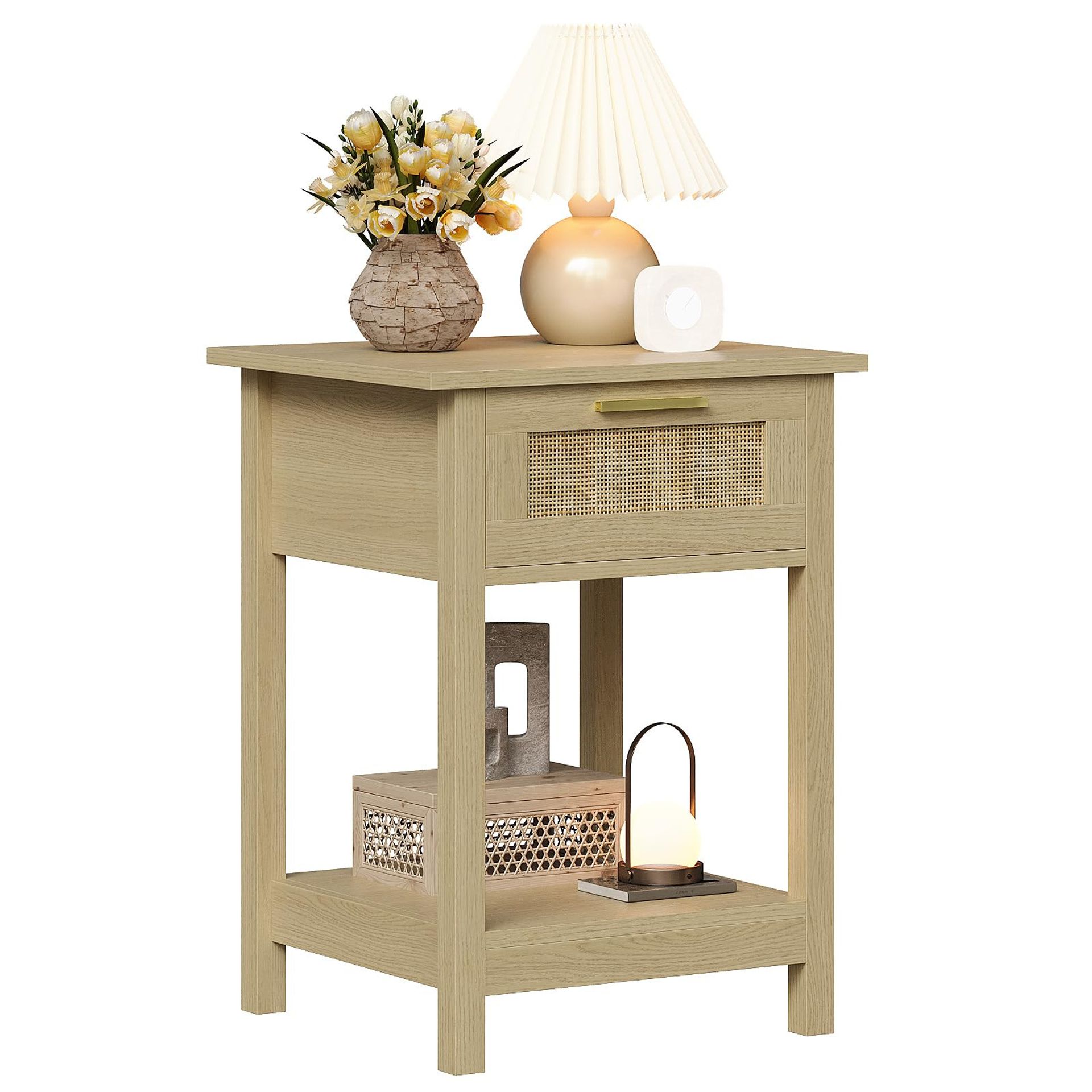 Rattan Bedside Table Boho End Table with Storage Drawer & Open Shelf Gold Handle - Rattan 1 Piece - Spring Refresh