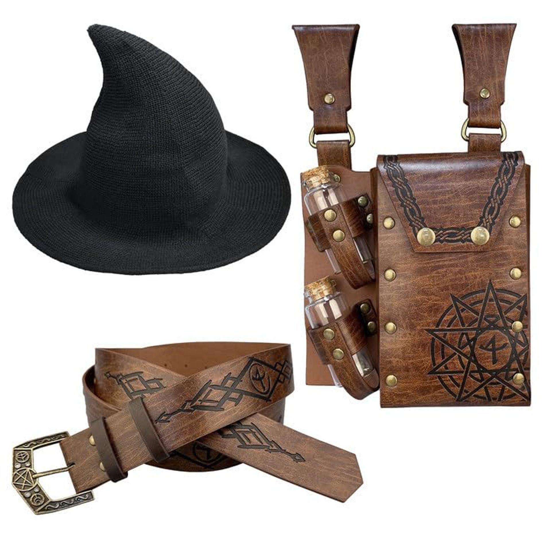 Medieval Cosplay Alchemy Belt Waist Pack Set with Potion Bottles and Rivet Side Pouch - Brown B One Size Fits Most