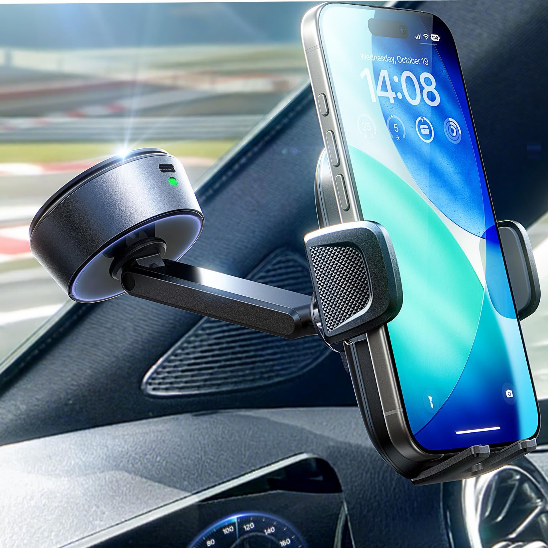Car Phone Holder Electronic Suction Mount 95+LBS Grip 360° Rotation for iPhone & Samsung - Space Black A680