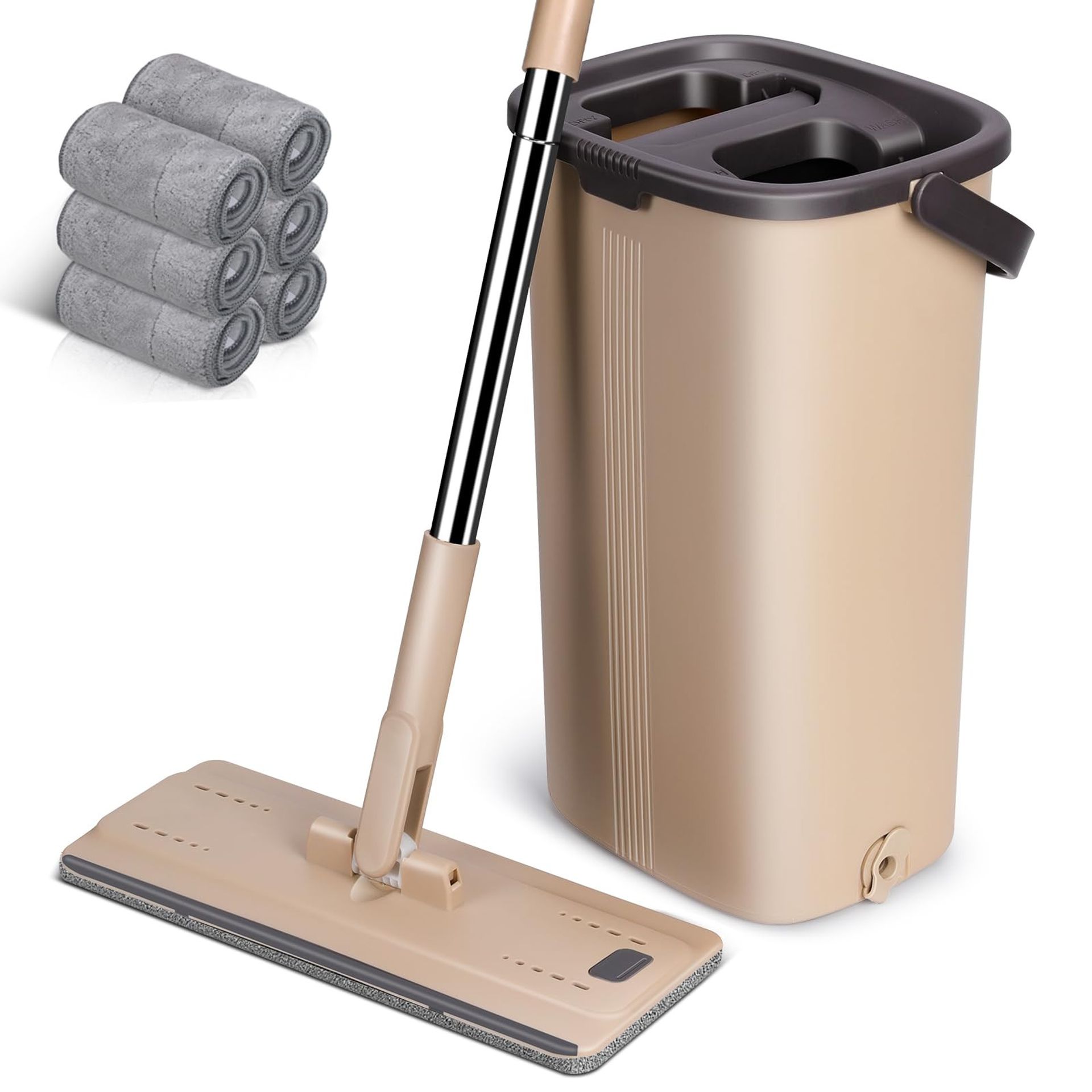 Self-Cleaning Mop and Bucket Set with 360° Rotating Head and 6 Microfibre Pads - Beige