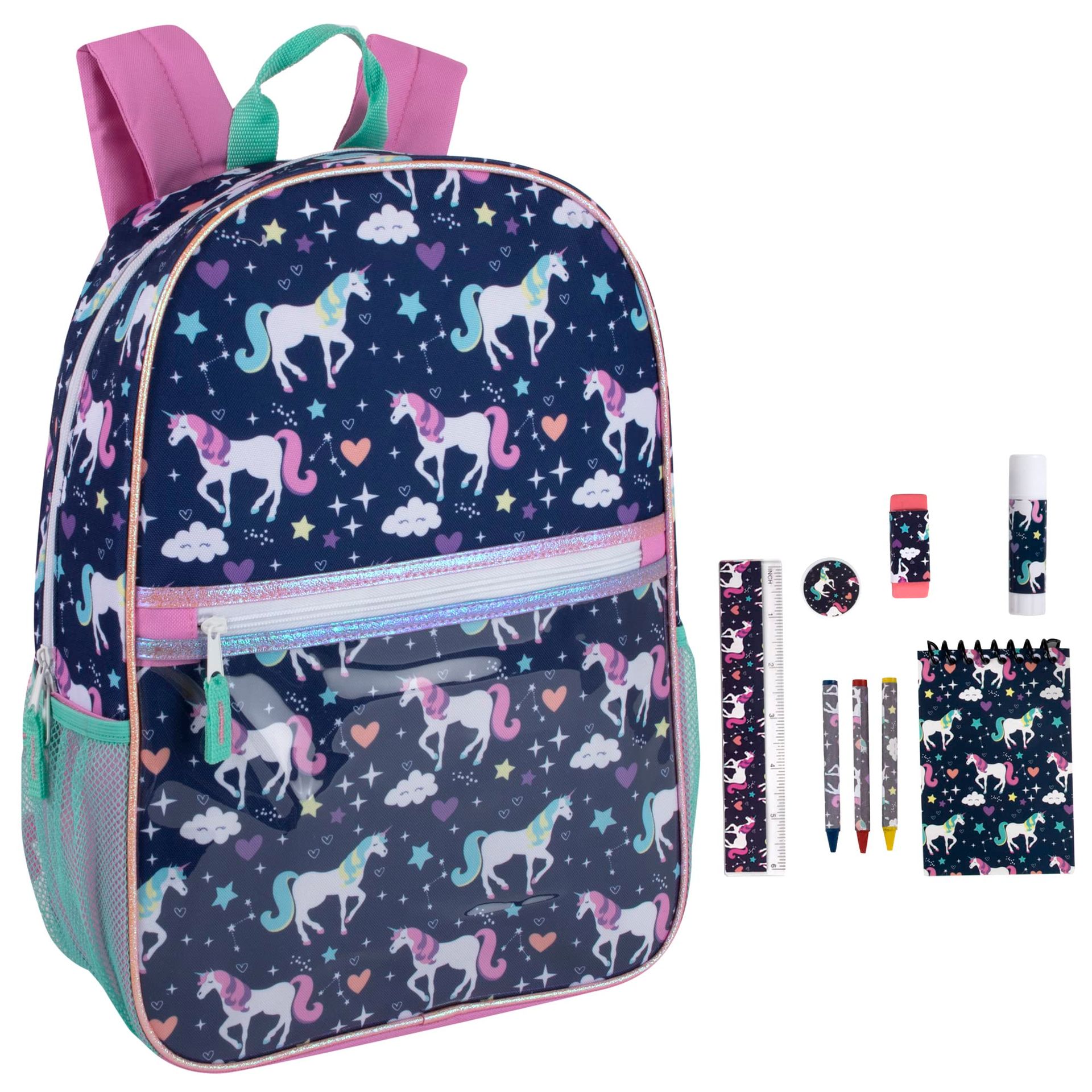 Girls 9-in-1 School Backpack Set with Stationery Supplies and Unicorn Print - Prancing Unicorns 17 Inch