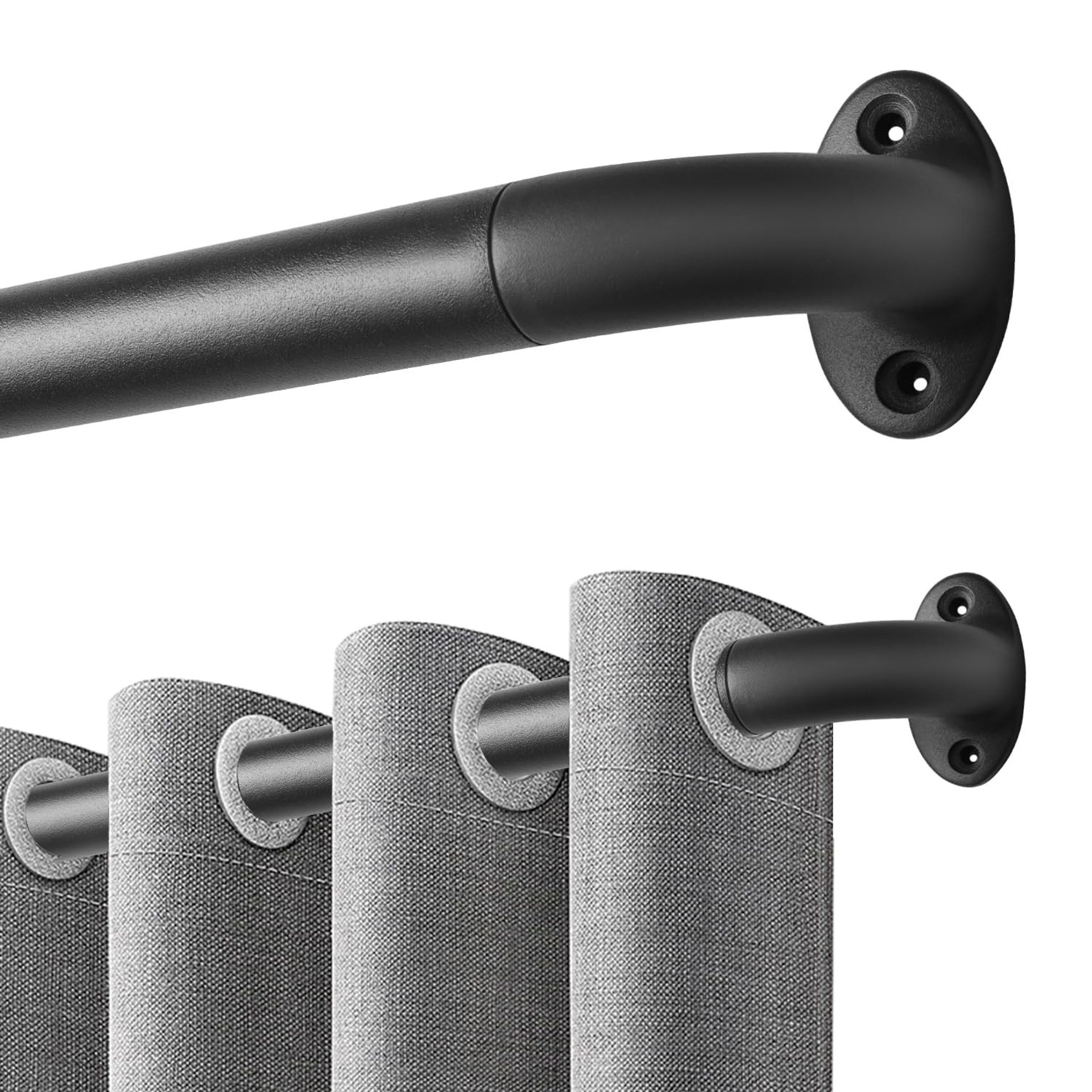 Extendable Curtain Pole for Eyelet Curtains Metal Rod Curved Ends Privacy Design - Black 76-380cm