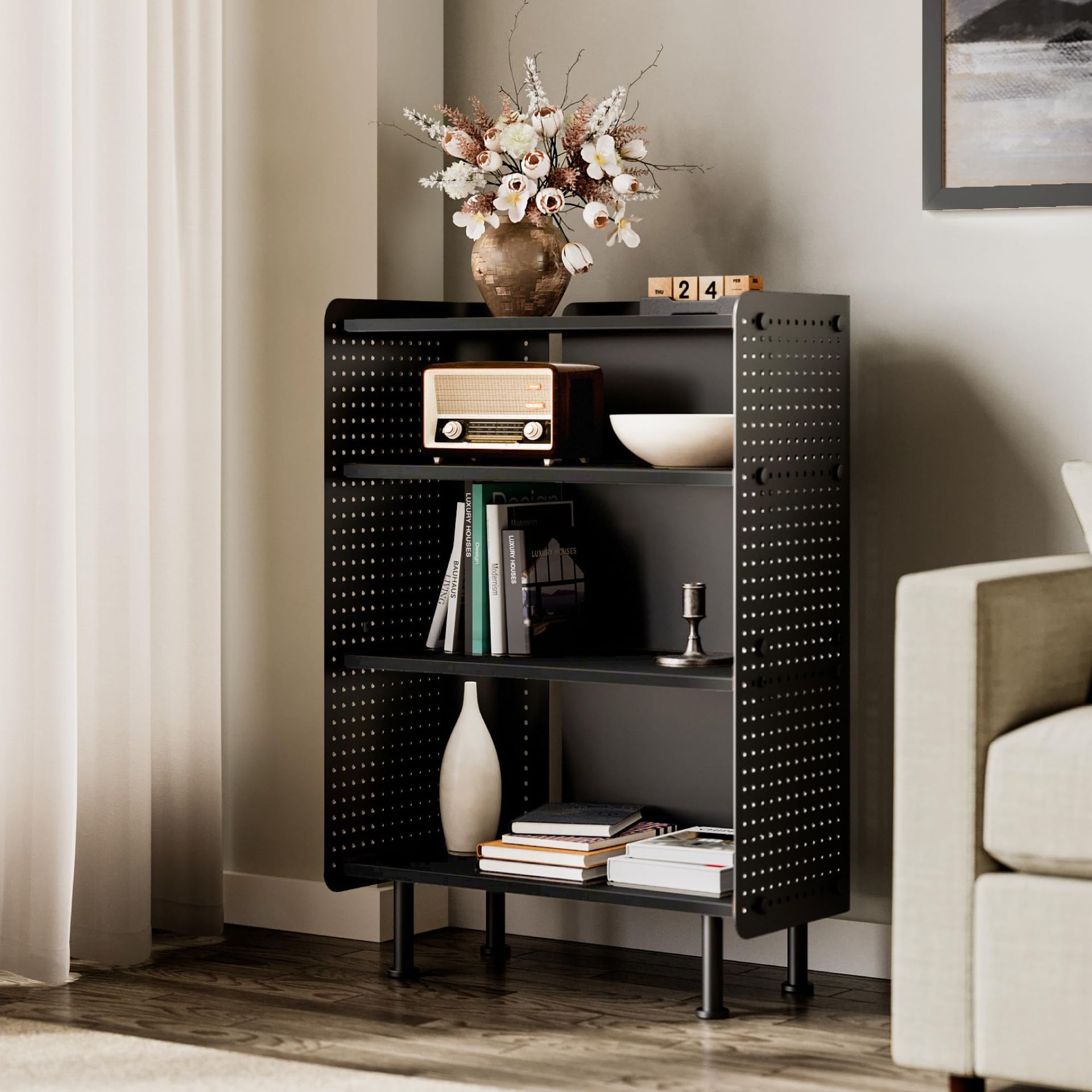 4-Tier Bookshelf with Adjustable Shelves and Pegboard Modern Storage Unit for Living Room or Office - Black 61.6×31.2×85.3cm
