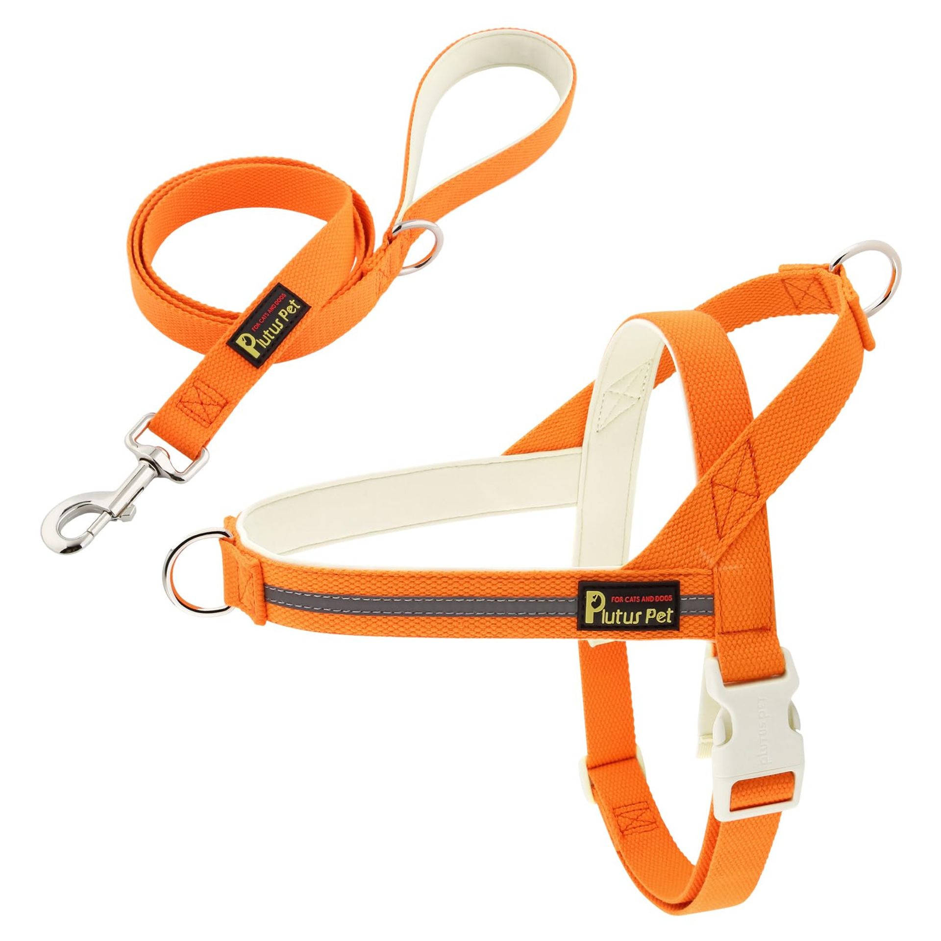 Reflective Cotton Dog Harness and Lead Set Soft Padded No-Pull Quick Fit - Orange Small