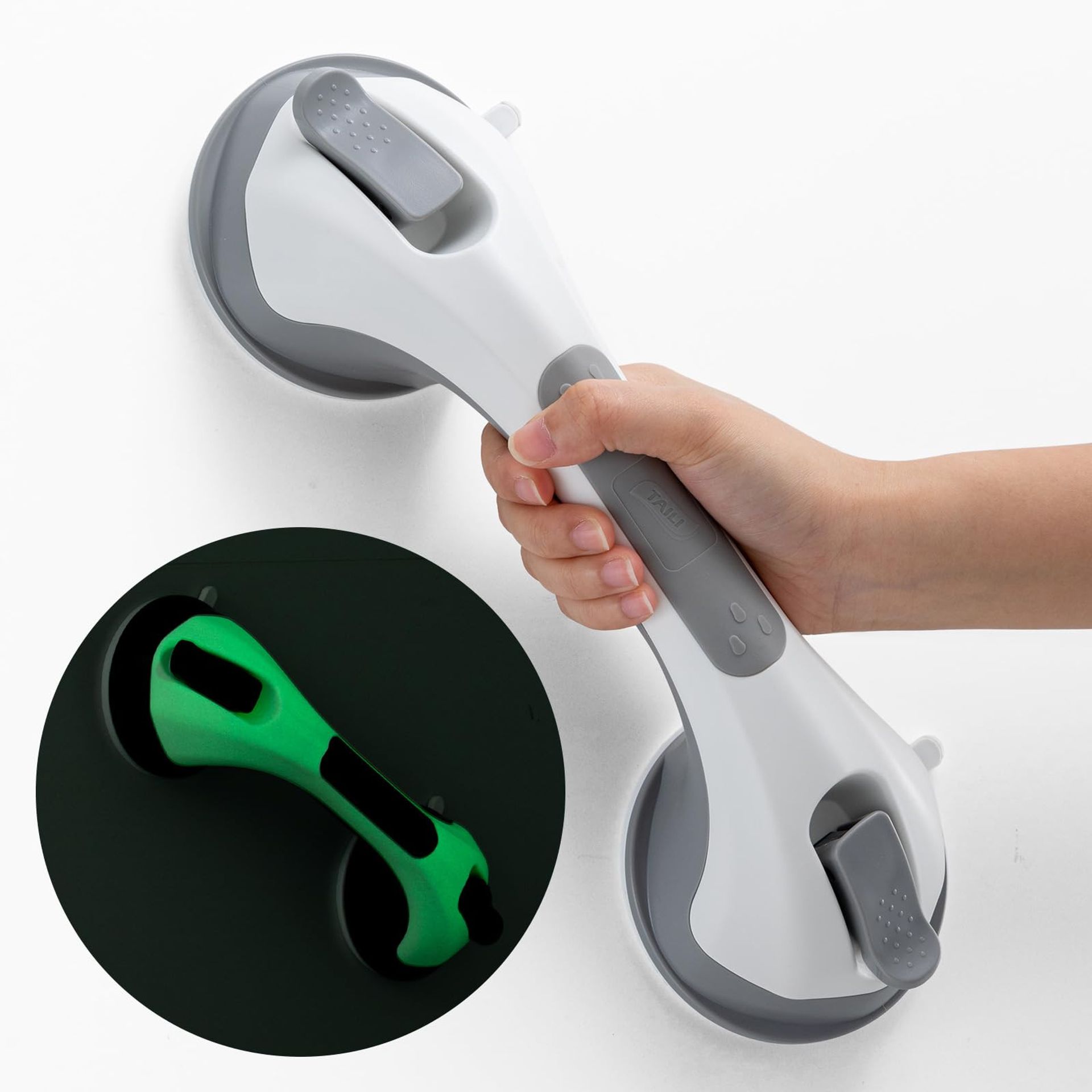 Suction Grab Rail for Bathroom Shower Glow in the Dark 31cm No Drilling Safety Handle 110kg Support - Grey & Glow Green Short