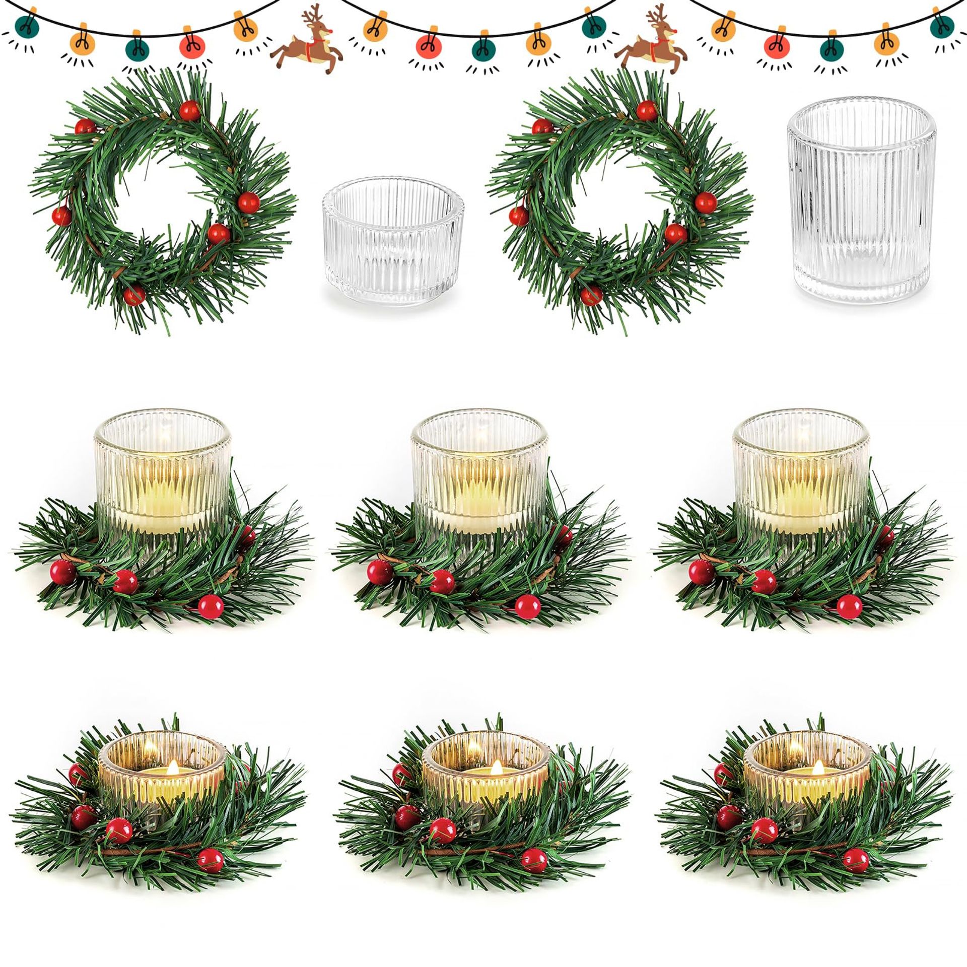 Christmas Candle Holders Table Centrepieces with Glass Tealight Holders and Mini Wreath Rings 24 Piece Set - Transparent 24pcs