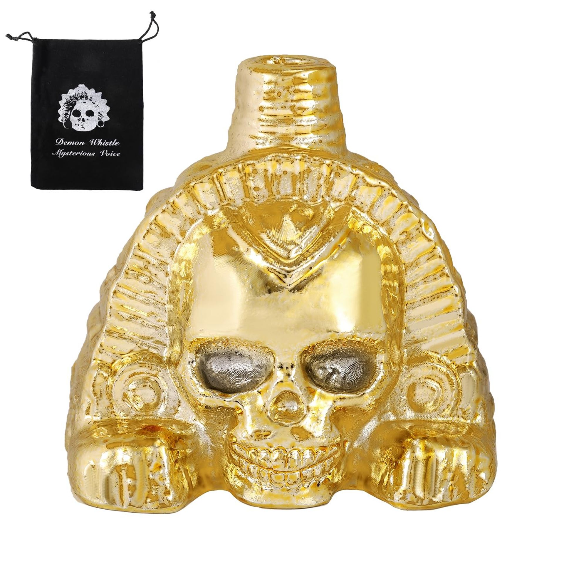 Aztec Death Whistle Skull Design 125dB Resin Instrument for Halloween & Collectors - Gold 9x9cm