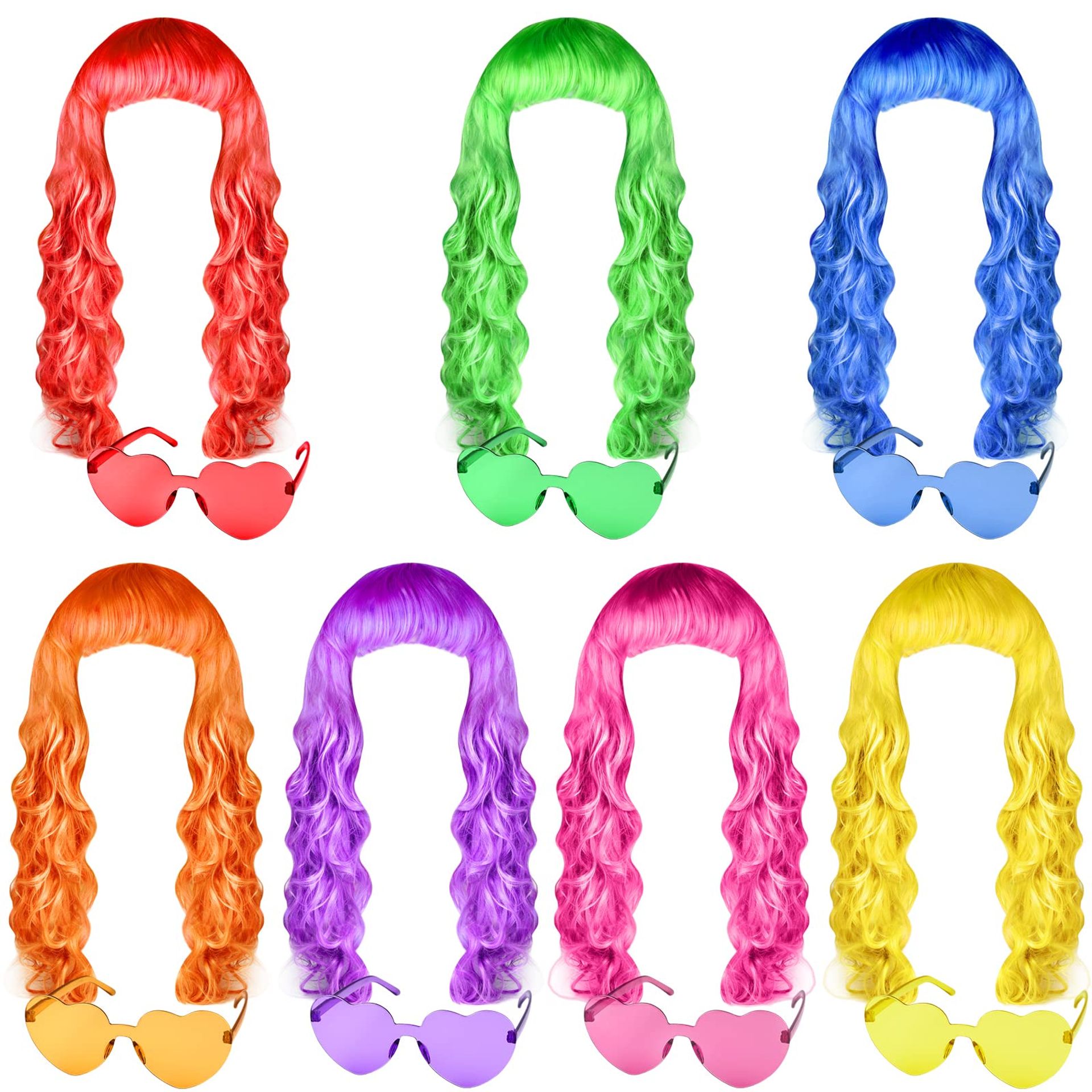 7 Piece Neon Curly Afro Party Wigs with Wig Caps and Sunglasses Set for Cosplay, Bachelorette, Halloween - Multicoloured 21.5inches
