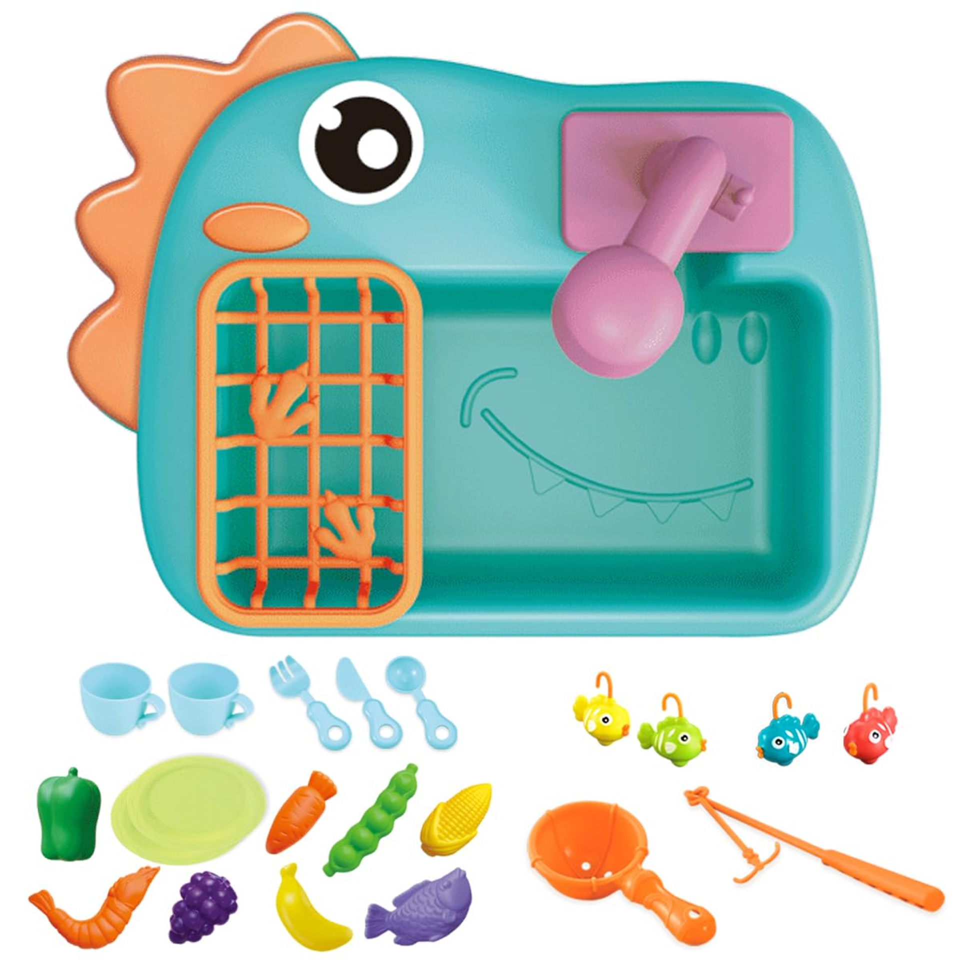 Kitchen Sink Toys with Running Water and Electric Faucet Automatic Water Cycle System，Play Kitchen Toy Accessories for Toddler,Pool Floating Fishing Toys，Pretend Play (Green dinosaur Sink toy)