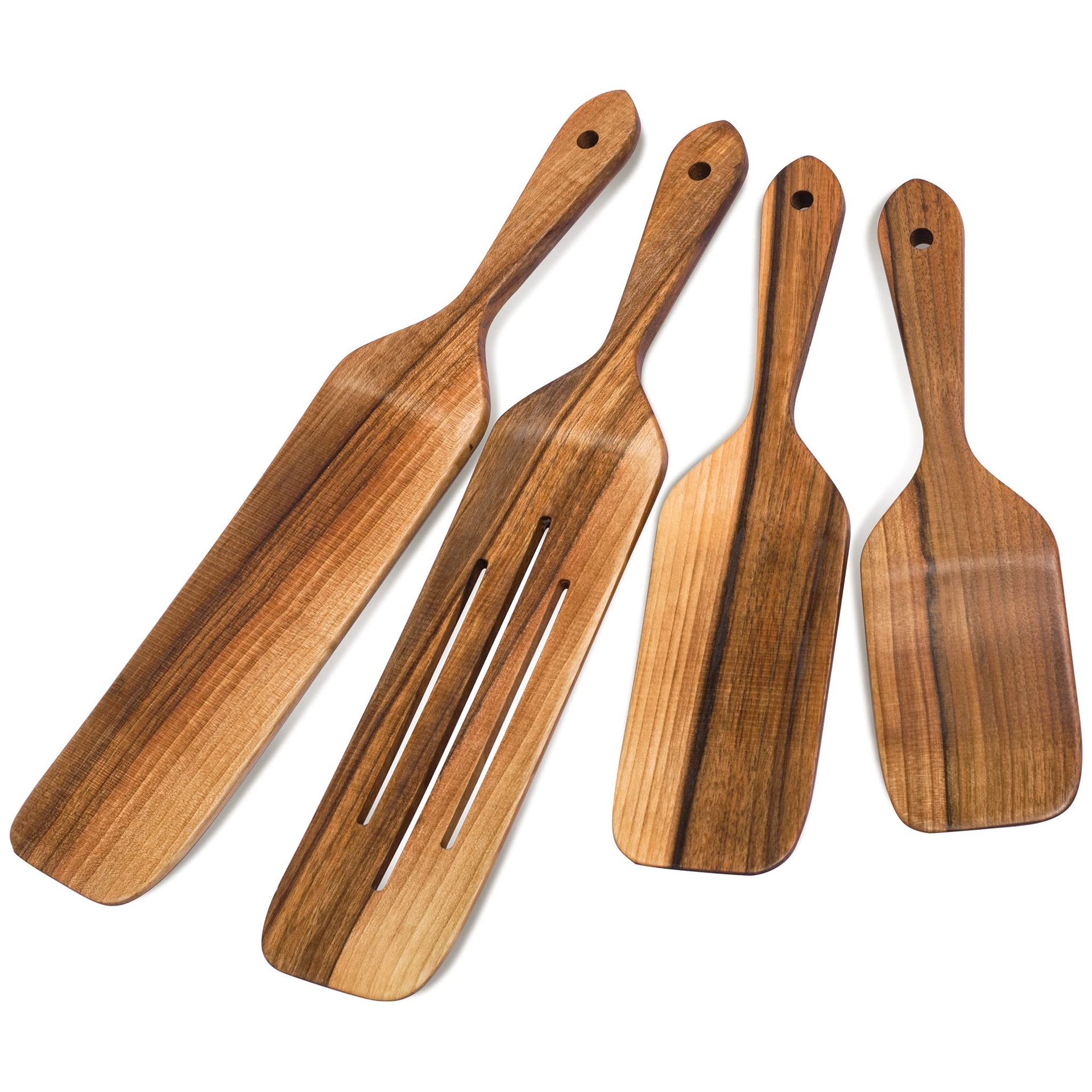 Wooden Cooking Utensil Set 4-Piece Spatula Collection Non-Stick Safe - Walnut Flat Ones
