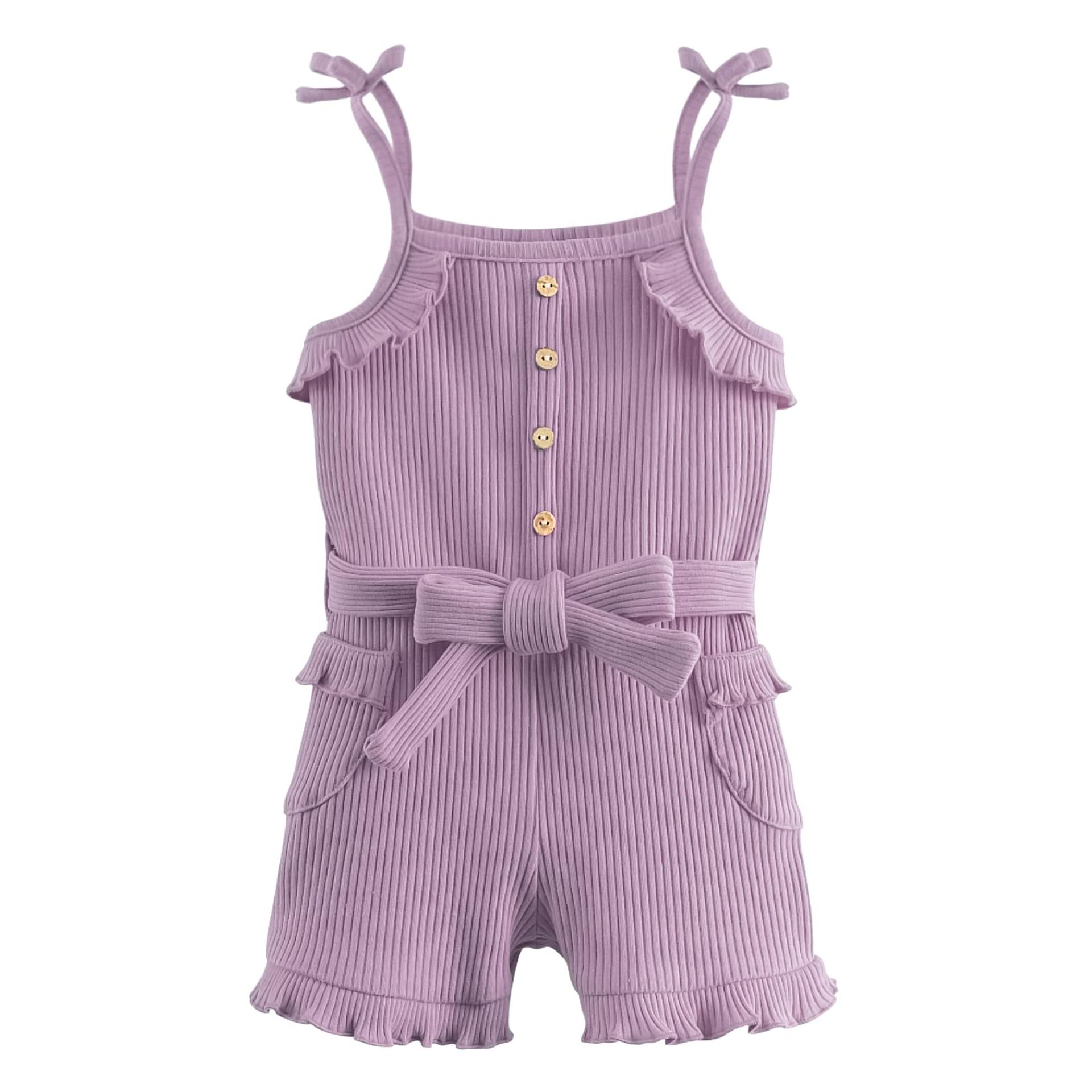 Baby Girl Sleeveless Ruffle Knit Ribbed Suspender Romper Summer Outfit - Purple 18-24 Months