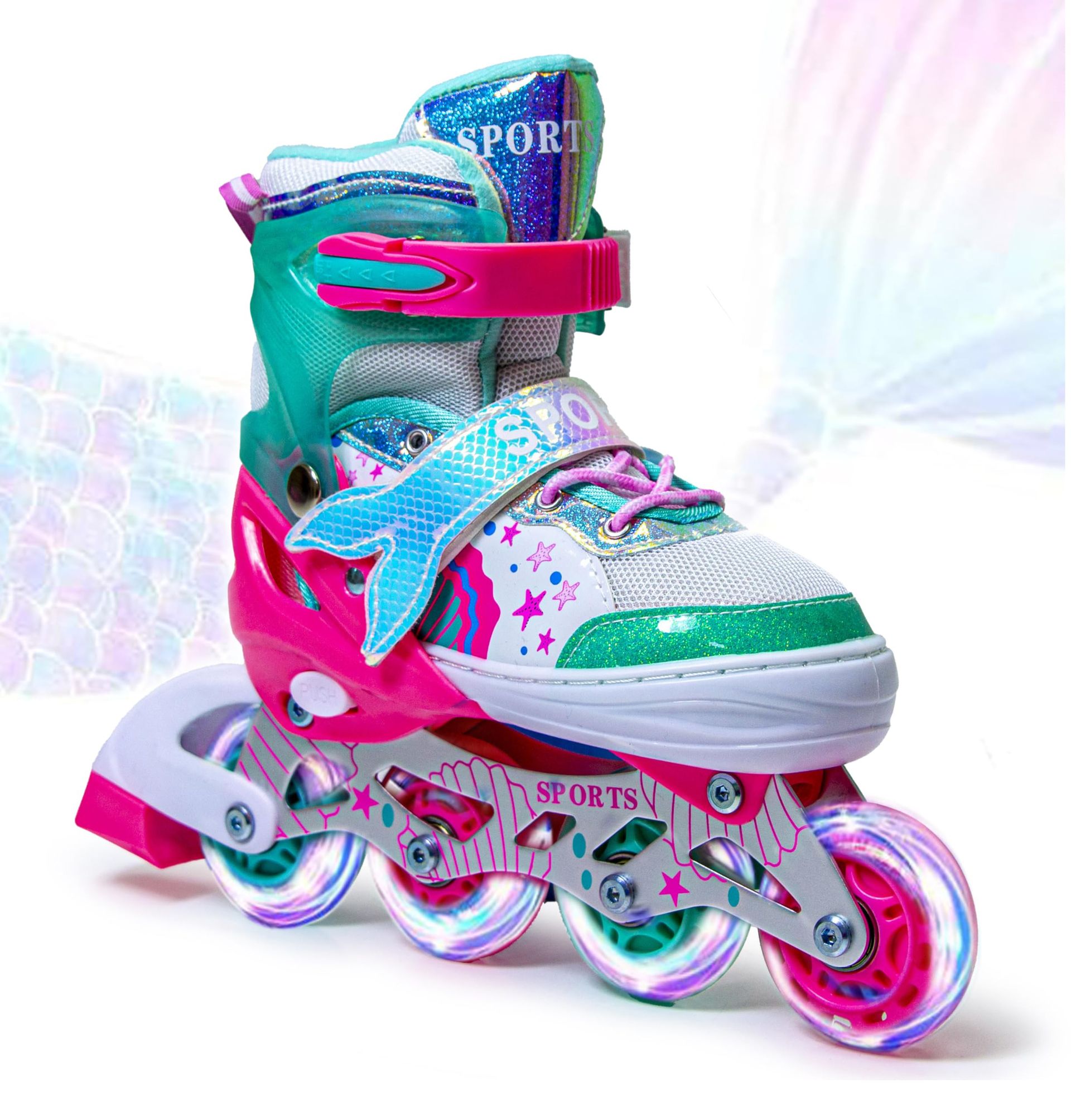 Adjustable Inline Roller Skates for Girls Mermaid Design with Light Up Wheels and Triple Safety Protection - Multicolour UK 2.5-5