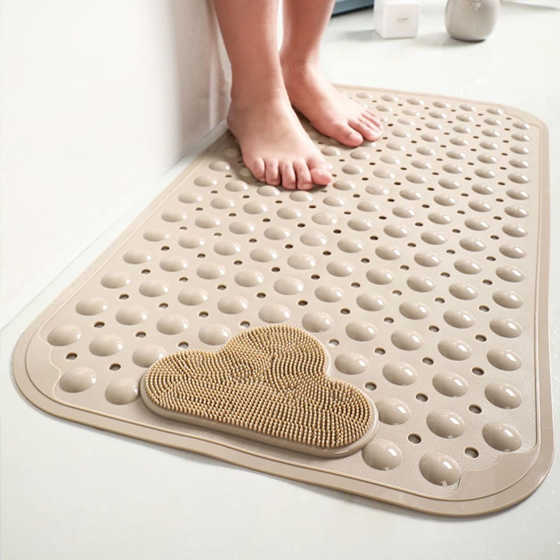 Non-Slip Shower Mat TPE Anti-Mould with Drain Holes & Strong Suction Cups - Khaki 80x80cm