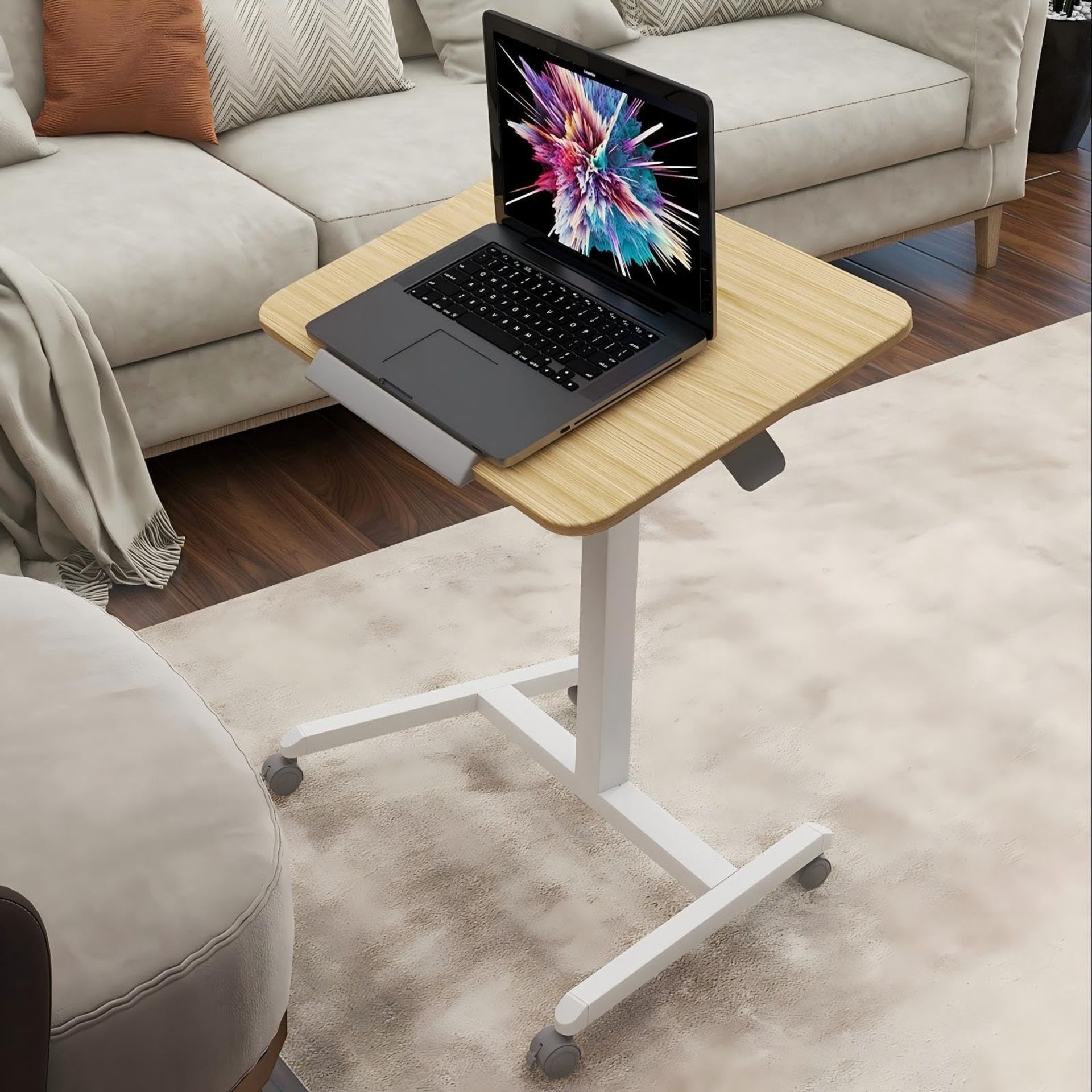 Mobile Standing Desk with Wheels Pneumatic Height Adjustable Tilting Workstation for Laptop or Bedside Use - Natural 65x48cm