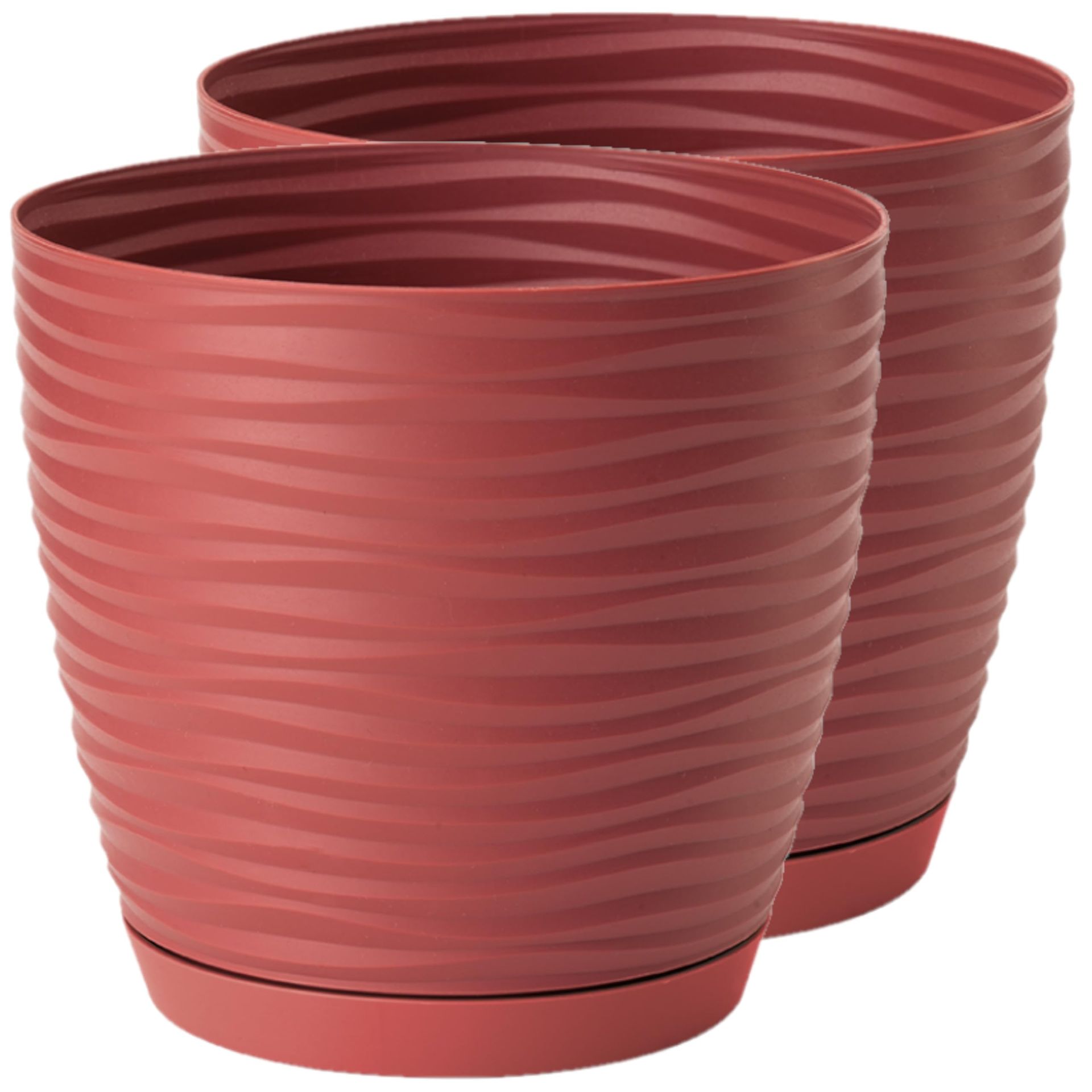 Set of 2 Plastic Plant Pots with Saucer and Drainage Holes 3D Wave Design - Red 23cm