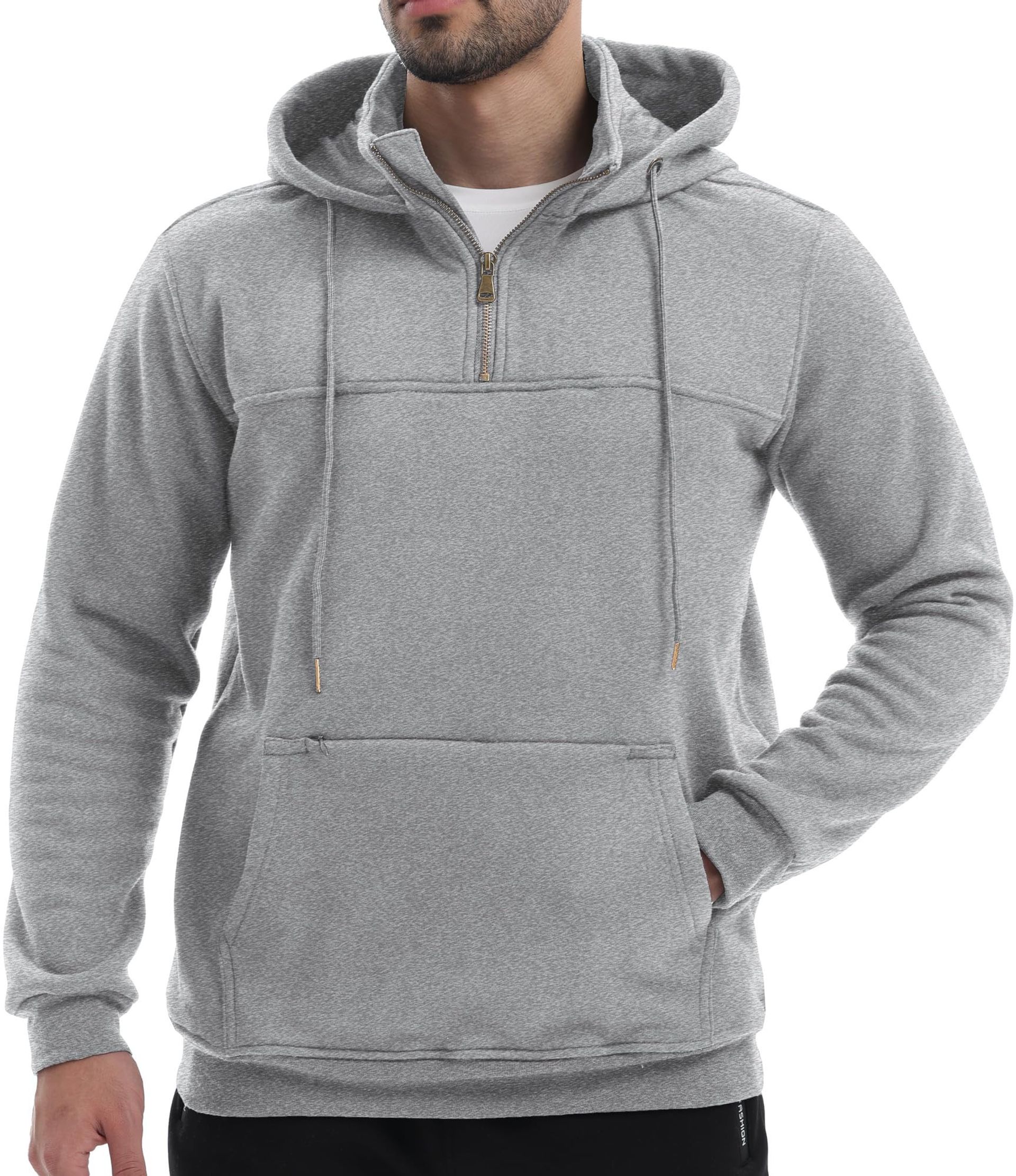 Men's Quarter-Zip Hoodie Pullover Sweatshirt with Hidden Zipper Pocket by Peakwell - Light Grey XL