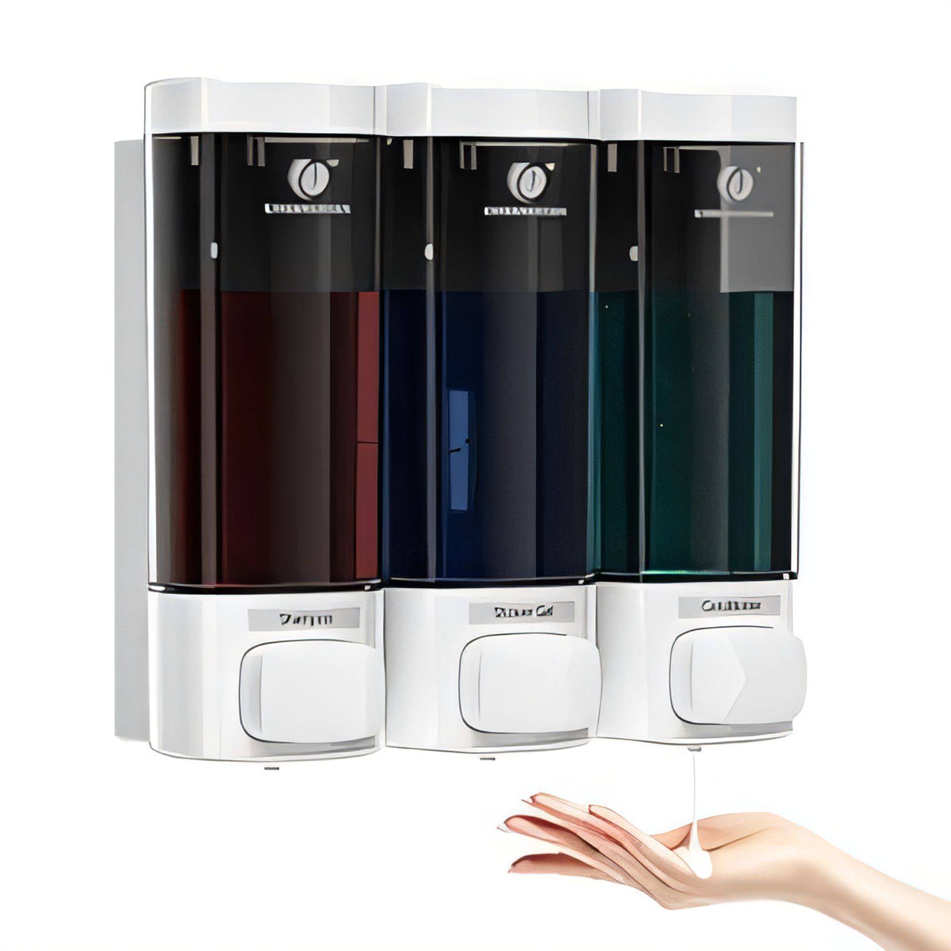 Wall Mounted Shampoo and Conditioner Dispenser Set No-Drill Refillable Bottles 3 x 320ml Lockable Design - White 3×320ml