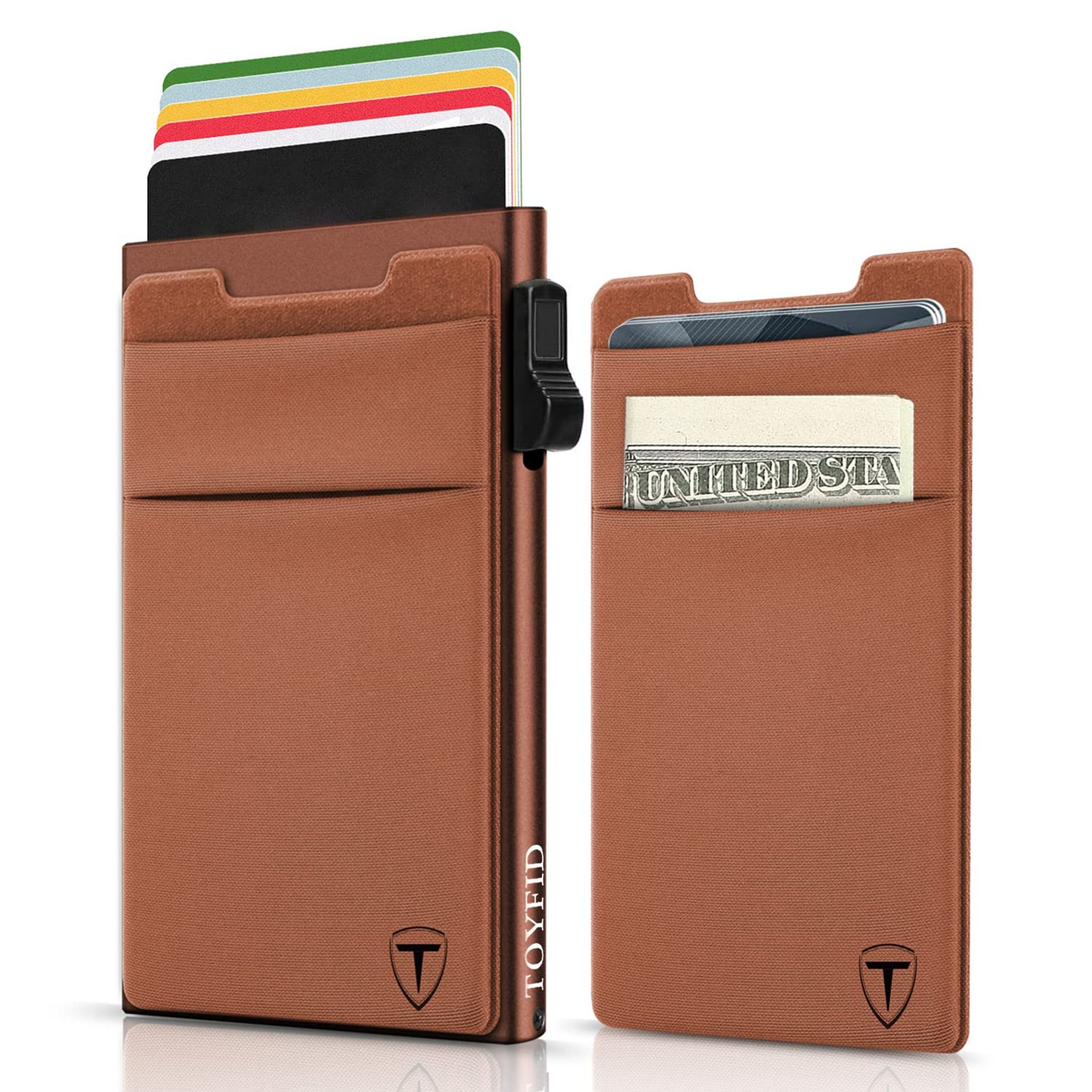 Slim RFID Blocking Wallet for Men & Women Aluminium Pop Up Card Holder with Money Pocket 6–12 Card Capacity - Brown S