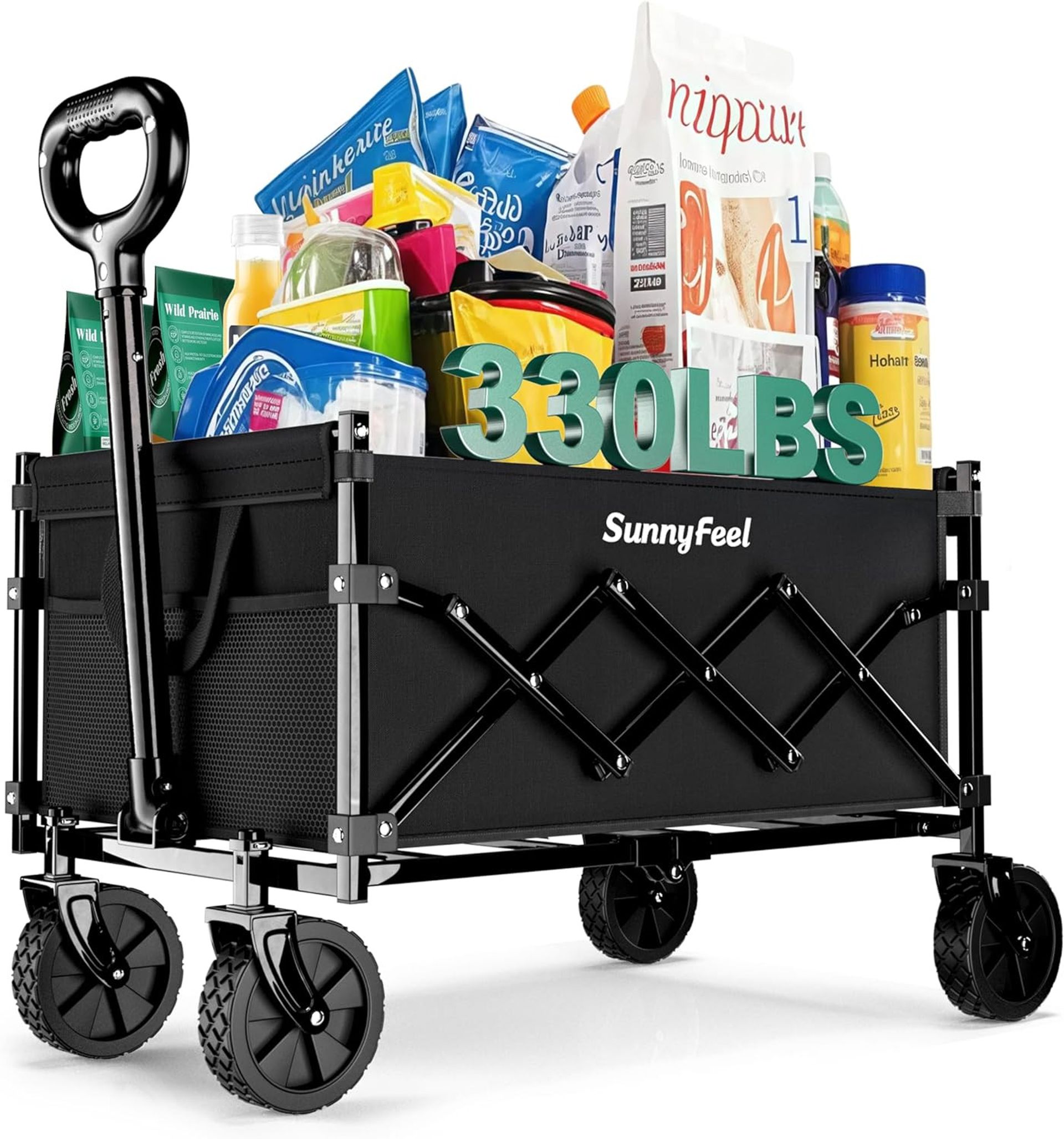 Heavy Duty Collapsible Outdoor Utility Wagon Cart 110L Foldable with Adjustable Handle and Beach Wheels - Black 28x18x36