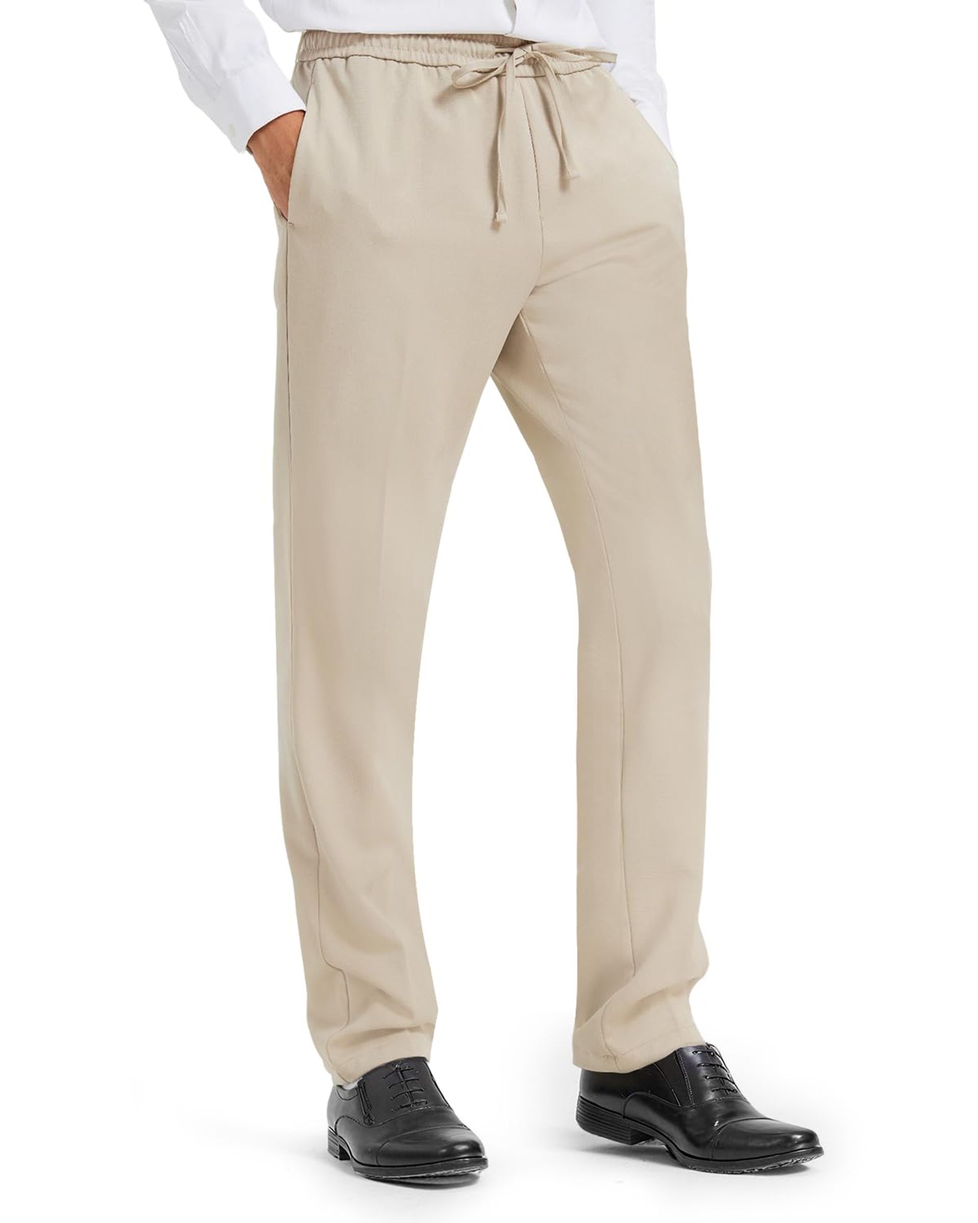 Men's Formal Suit Trousers Slim Fit Long Leg Elastic Waist Business Style - Khaki L Tall