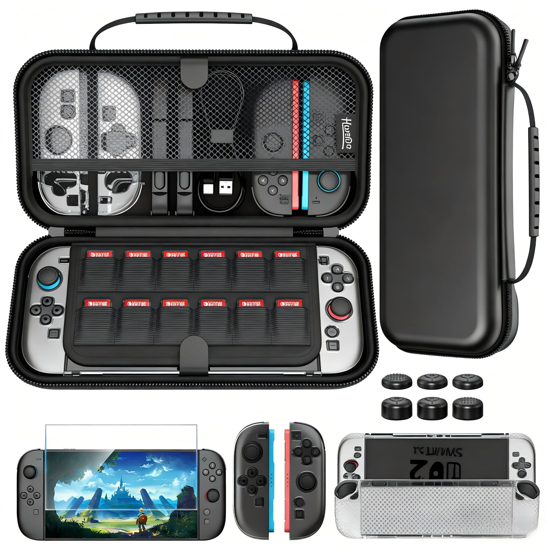 Protective Carrying Case Set Compatible with Nintendo Switch 2 Accessories, Hard Shell Travel Cover with TPU Grip and Storage Compartments - Black - Spring Refresh