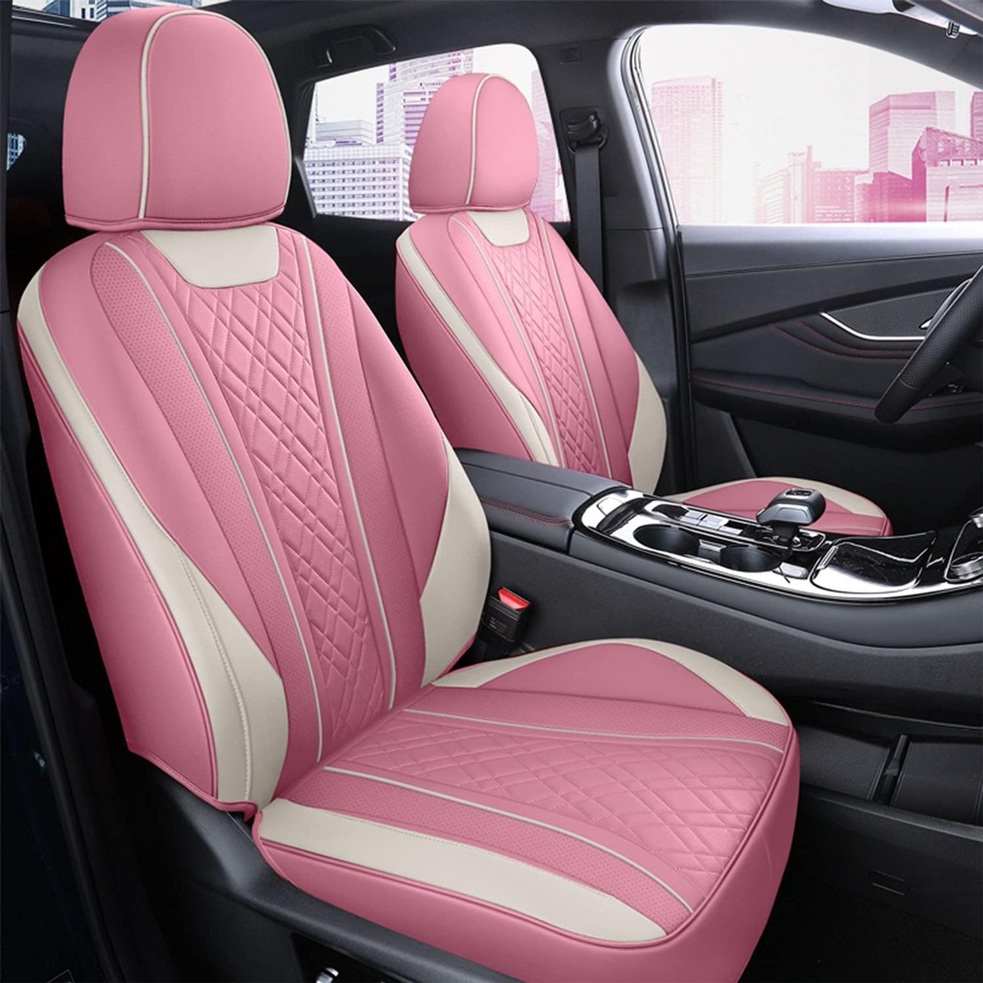 Car Seat Covers Full Set Waterproof Leather Luxury Universal Fit for Cars, SUVs & Trucks - Pink