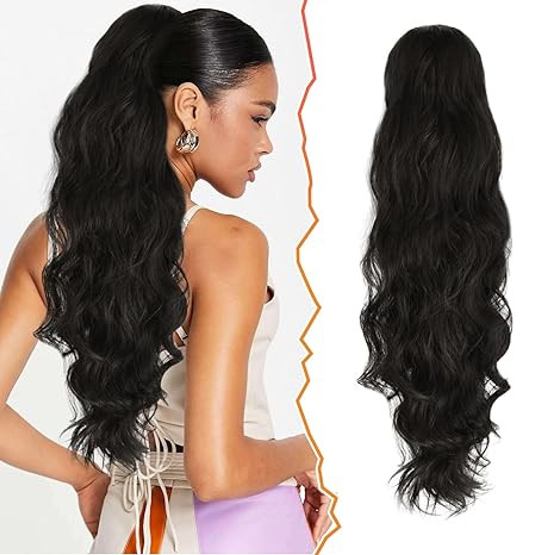 Long Wavy Ponytail Hair Extension Synthetic Clip-In Drawstring Hairpiece for Women & Girls Daily Wear, Parties, Halloween - Off Black 26 Inch