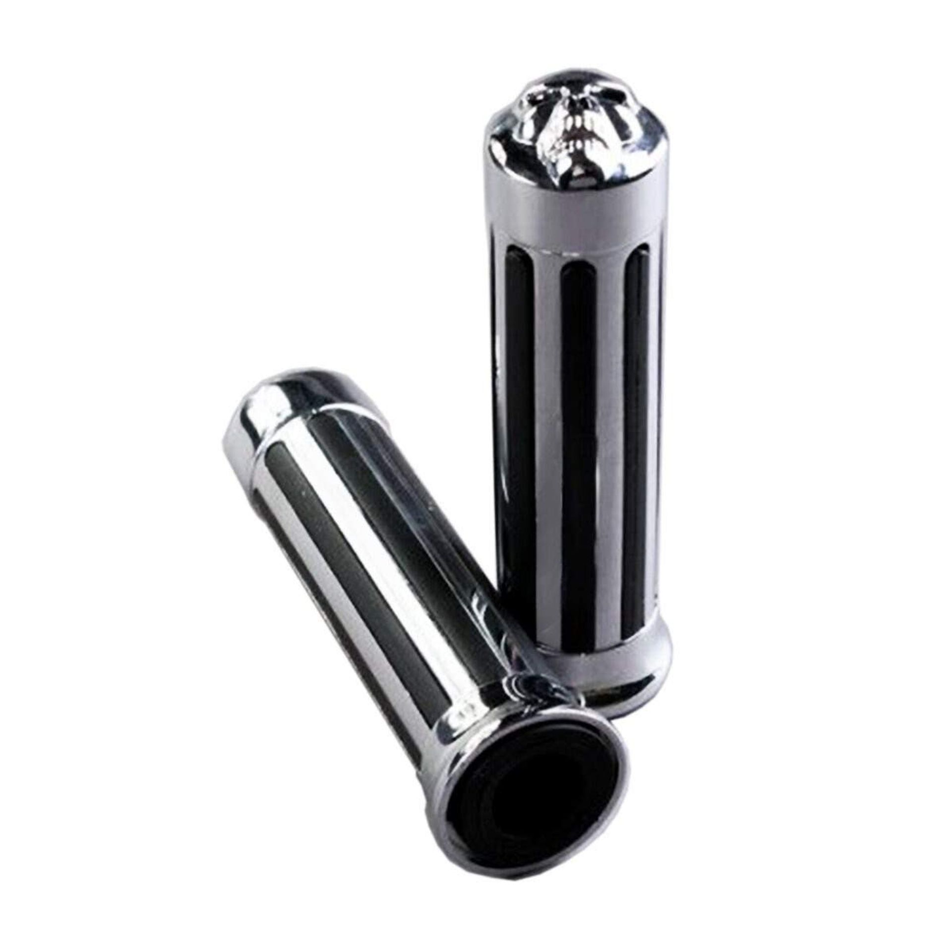 Motorcycle Handlebar Grips 1 Inch Non-Slip Rubber Skull End Design Harley Fit - Chrome AZ-8384