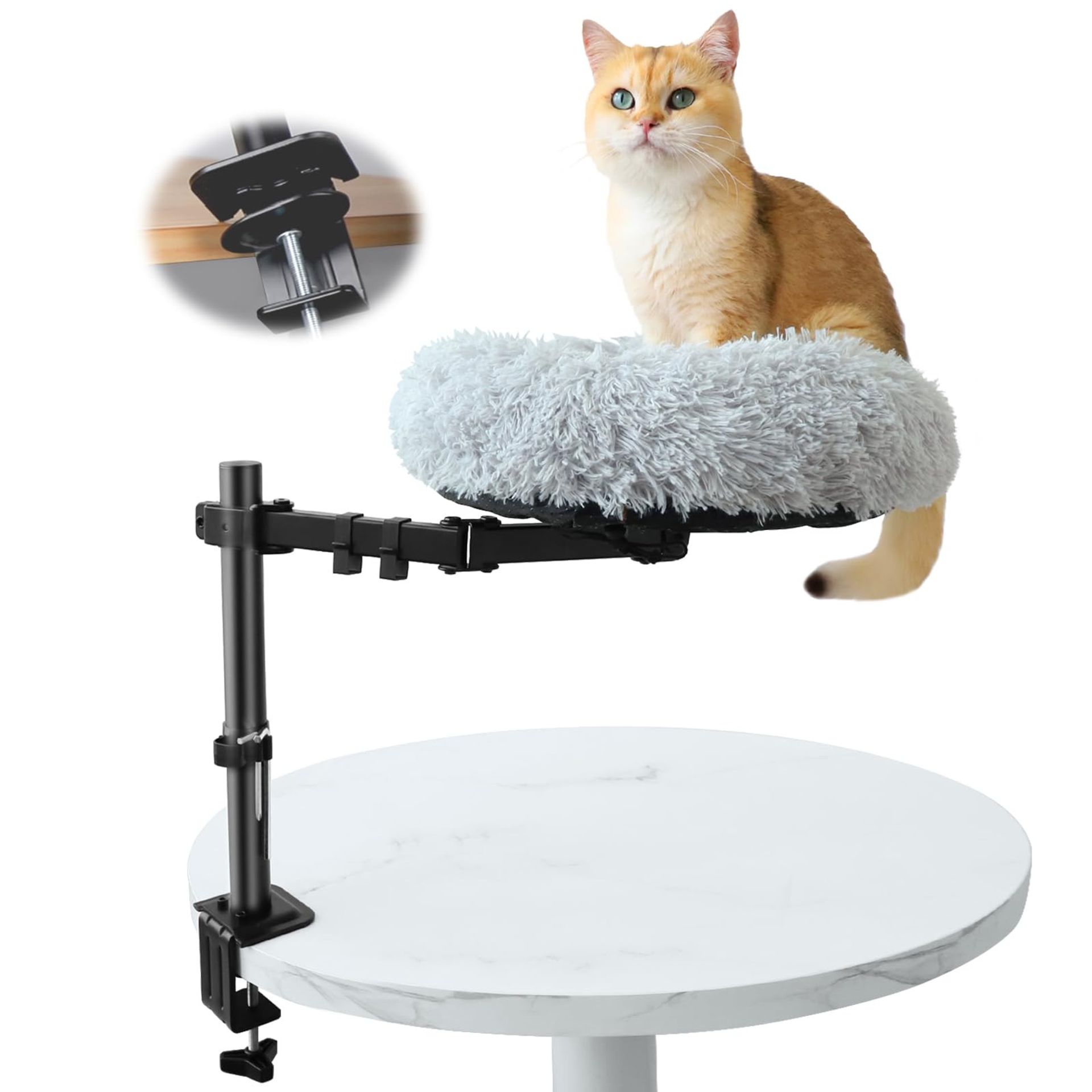 Cat Desk Bed 360° Rotating Height Adjustable Hammock with Soft Plush Cushion - Grey 16 inch