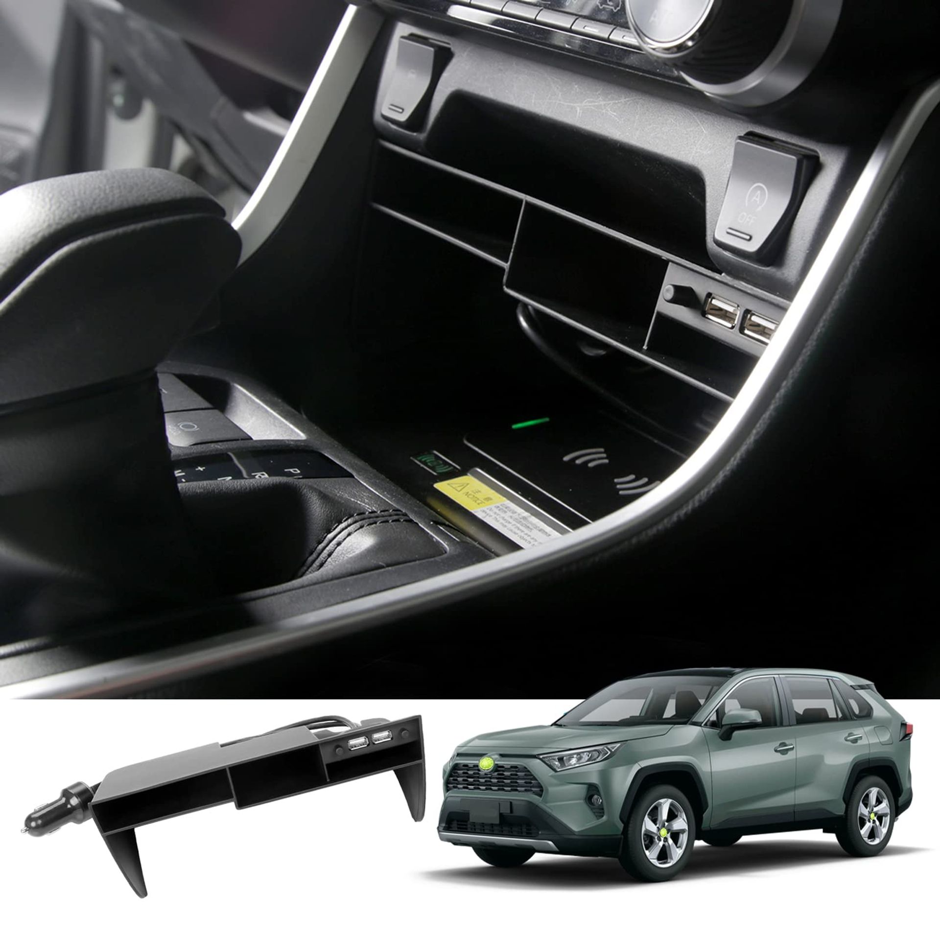 Centre Console Storage Box Compatible with Toyota RAV4 2019-2023 & Suzuki Across 2020+ Organiser Tray USB Rechargeable - Black