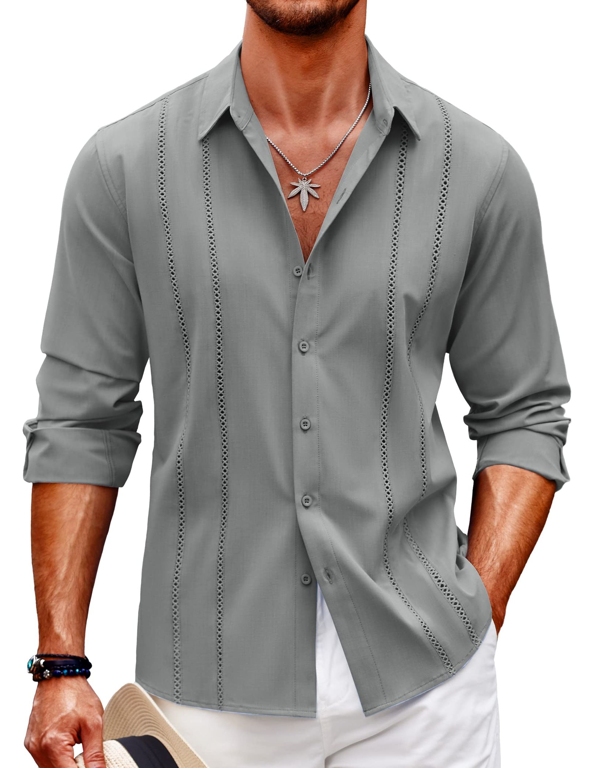 Men's Linen Cuban Shirt Long Sleeve Casual Button Down Summer Beachwear - Grey L