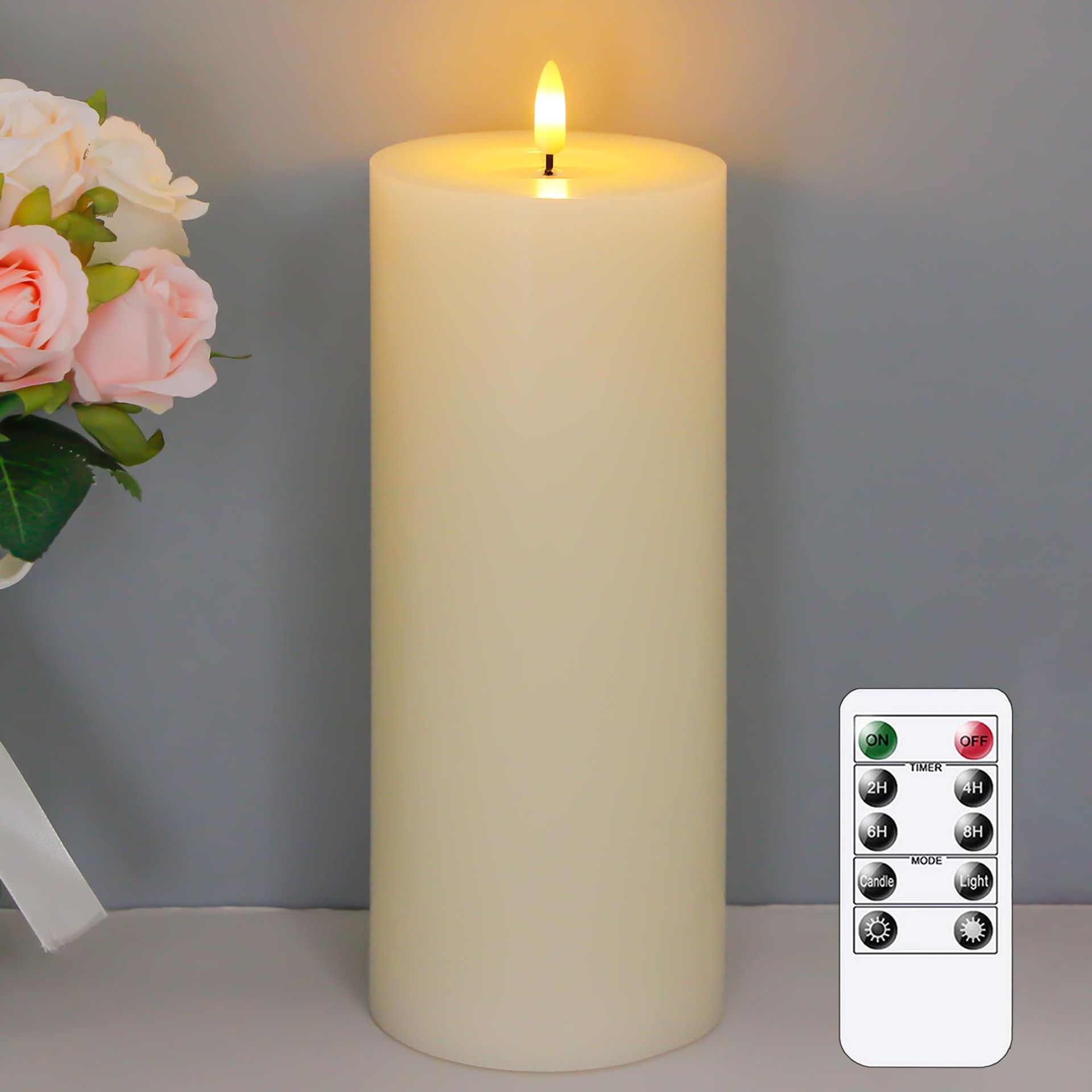 Flameless Flickering Remote LED Pillar Candle Real Wax 3D Wick Timer - Ivory 30cm