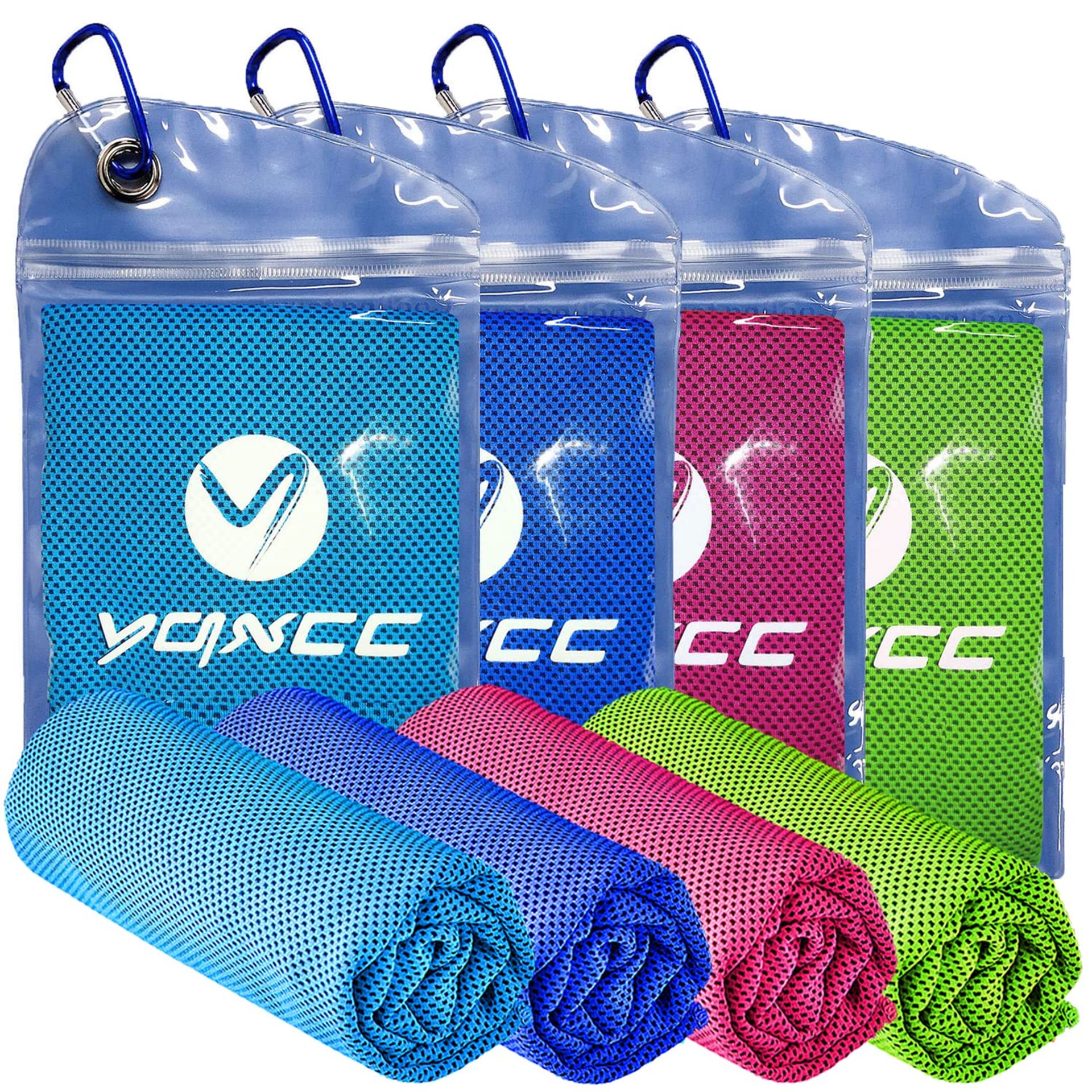 Cooling Towels 4 Pack Microfibre Instant Ice Towel for Sports, Gym, Yoga, Golf, Camping - Light Blue/Dark Blue/Rose Red/Green 120 x 30 cm