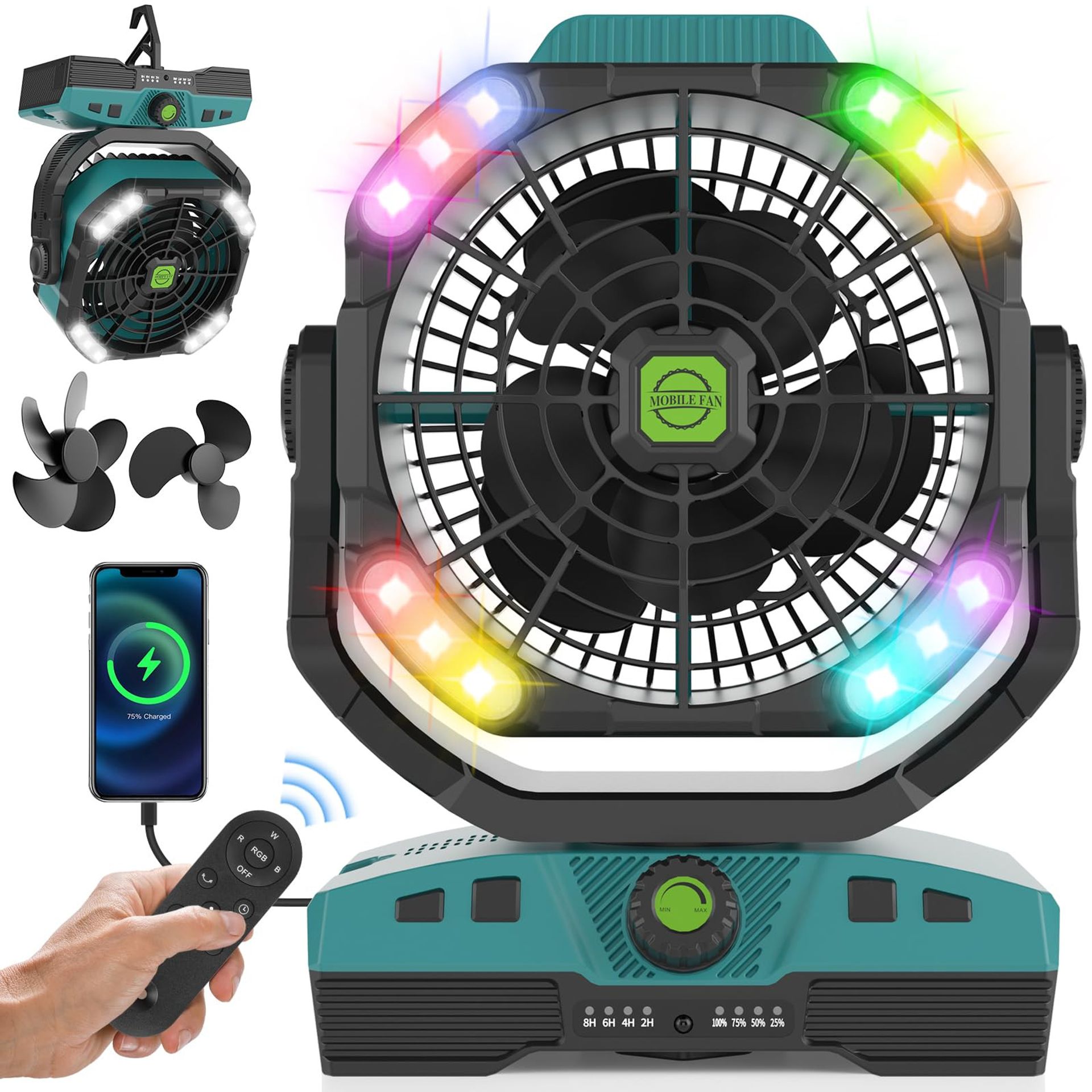 Camping Fan 20000mAh Rechargeable Battery Operated Oscillating Fan with LED & RGB Lights, Remote & USB Port for Outdoor Use - Cyan Large