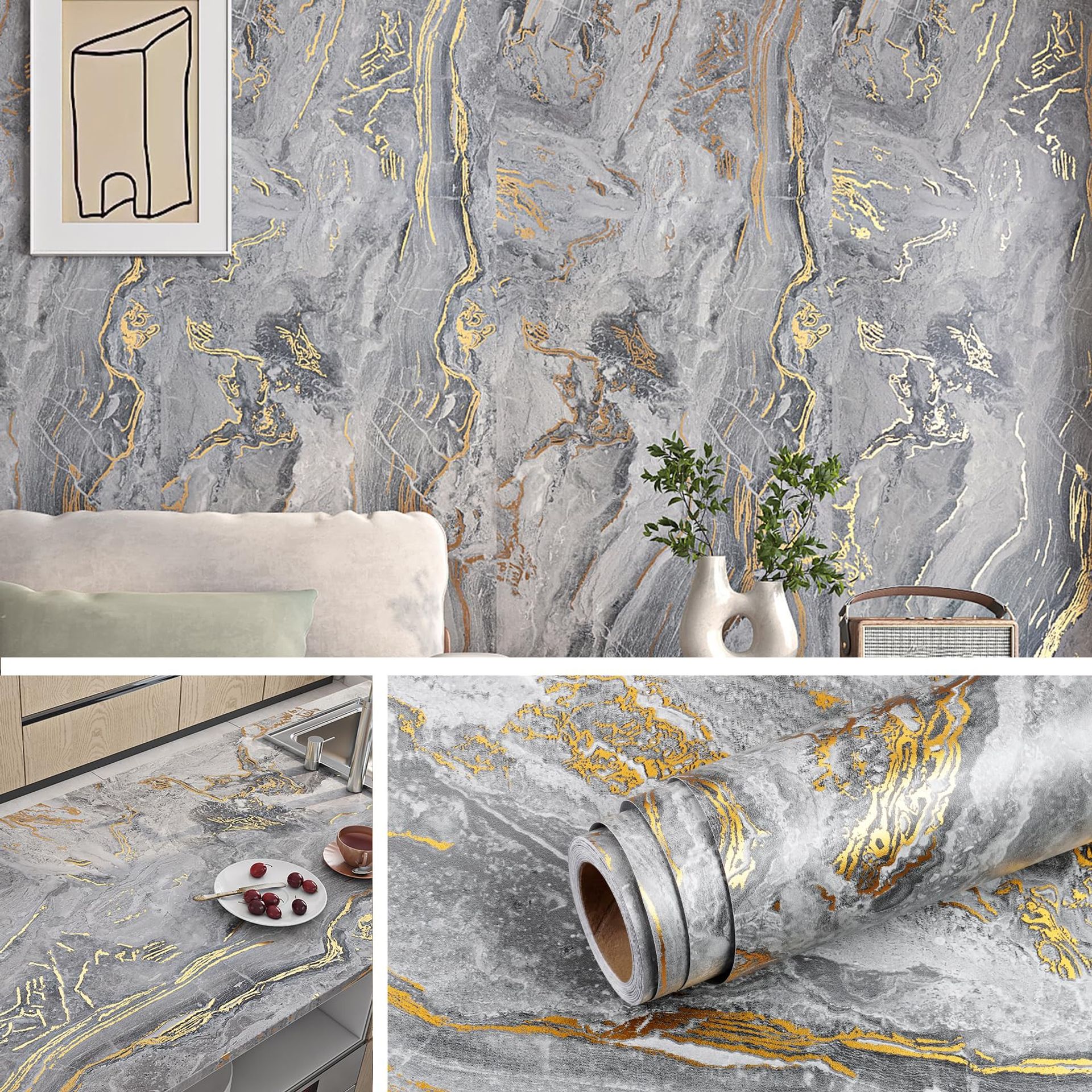 Self Adhesive Marble Wallpaper Roll for Kitchen Bathroom Worktops Counters Easy to Clean Peel and Stick Vinyl - Marble Grey Gold 40x1000cm