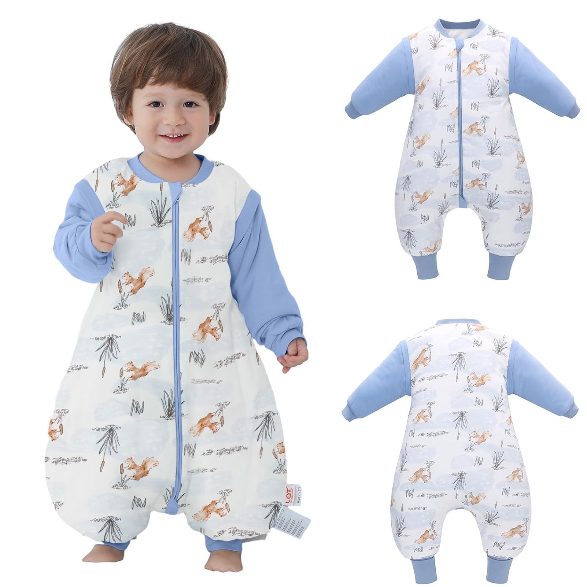Baby Sleeping Bag with Split Legs and Removable Sleeves 100% Cotton Winter Sleep Sack for Toddlers - Squirrel S
