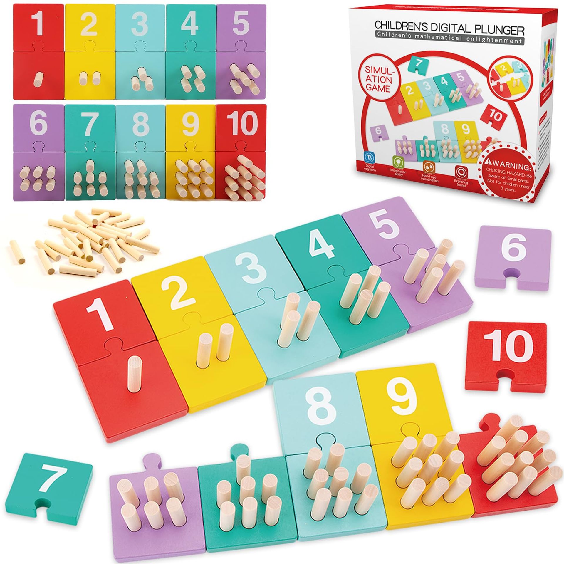 Montessori Wooden Counting Peg Board Educational Math Learning Toy for Toddlers 3–6 Years - Red Yellow Blue Green Purple Medium