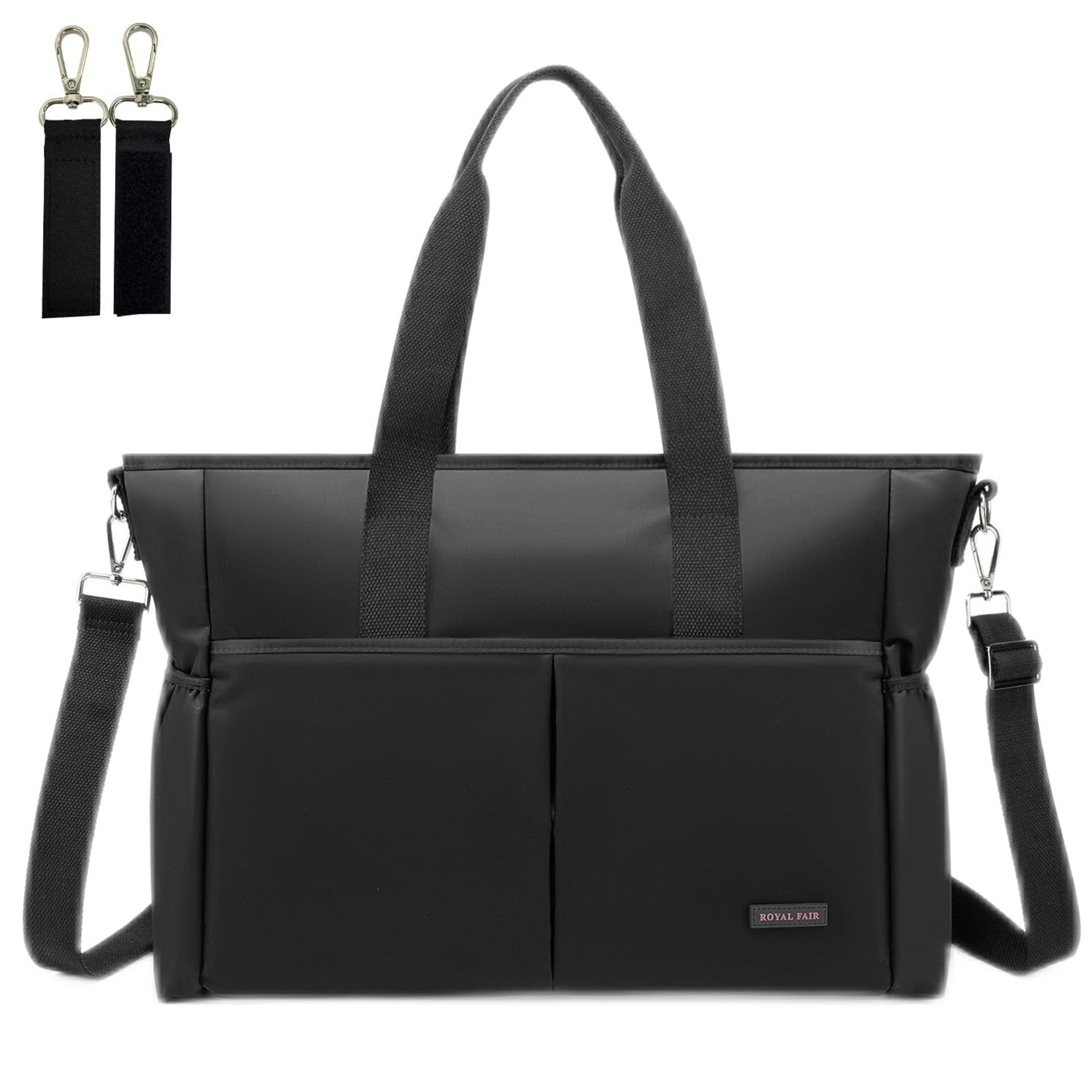 Baby Nappy Changing Bag Portable Travel Tote with Pram Clips for Mum and Dad - Black 42x33x18CM