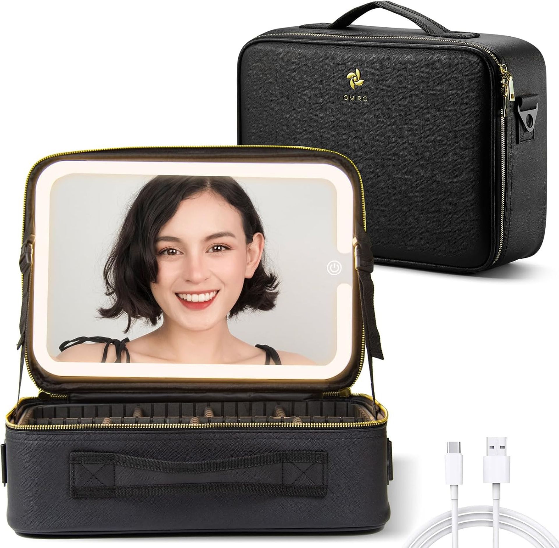Travel Makeup Bag with Light Up Mirror Adjustable Cosmetic Organiser Case - Black Large