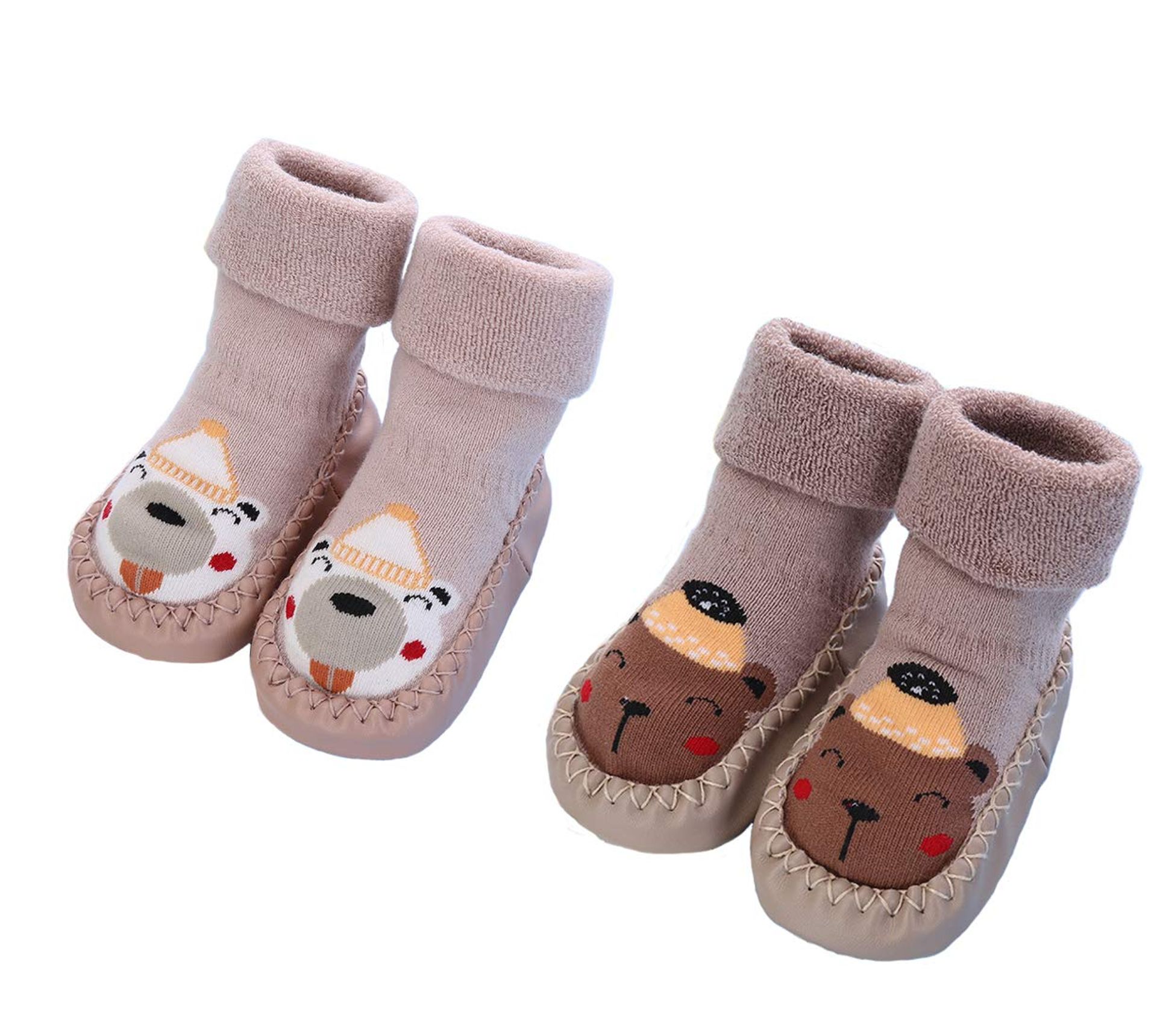 Baby Girl Slipper Socks Warm Fluffy Anti-Slip Combed Cotton Soft Sole - Light Pink/Brown 18-24 Months