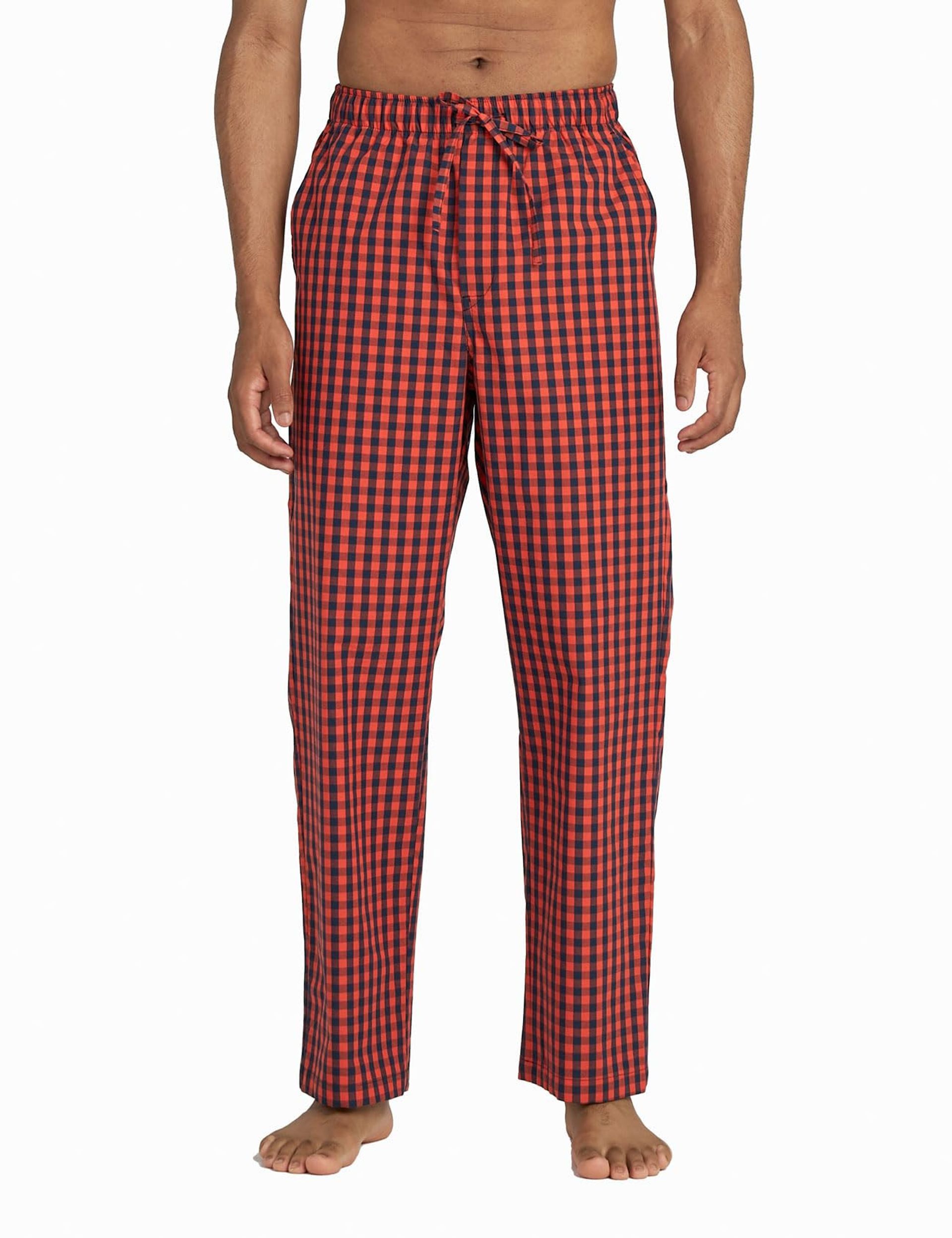 Men's Woven Cotton Pyjama Bottoms Soft Plaid Nightwear Trousers - Red + Navy Blue Plaid L