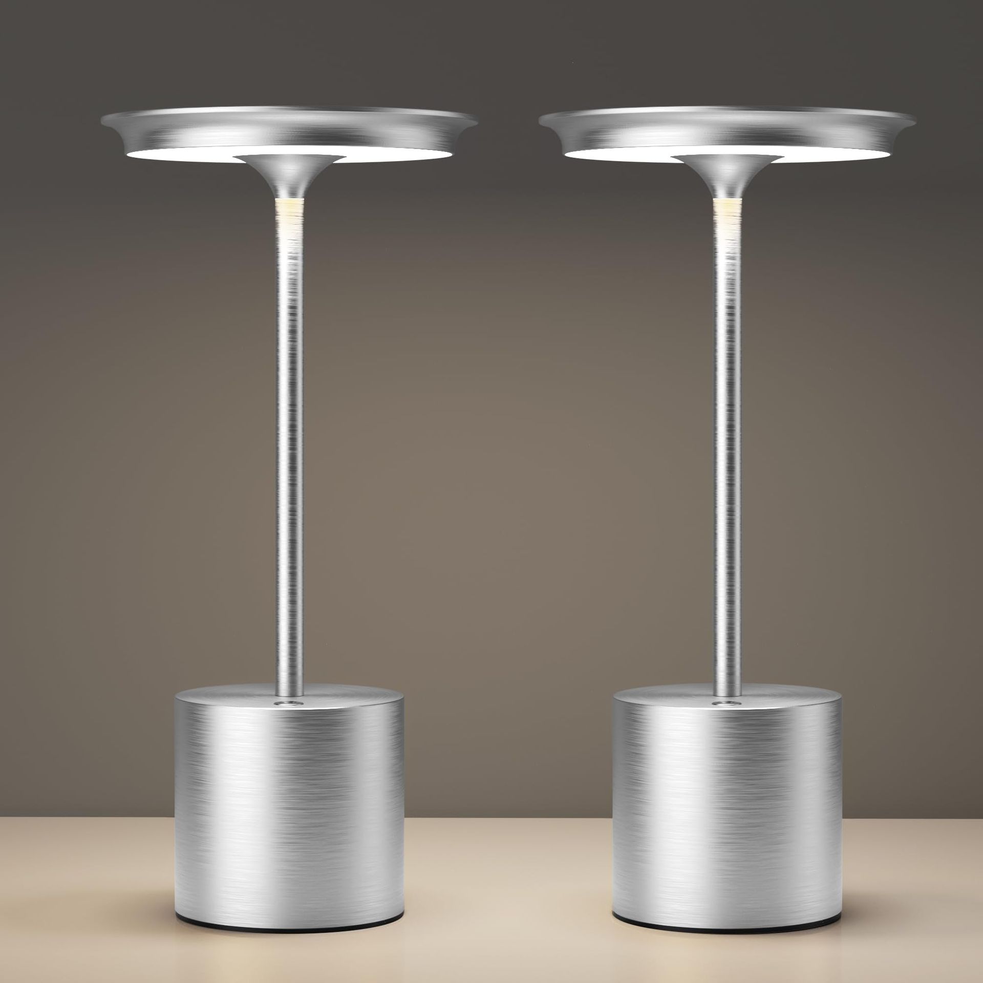 Cordless Rechargeable LED Table Lamp 6000mAh Battery 3 Colour Modes Stepless Dimming IP54 Waterproof for Bedroom, Patio & Restaurant - Silver 2 Pack