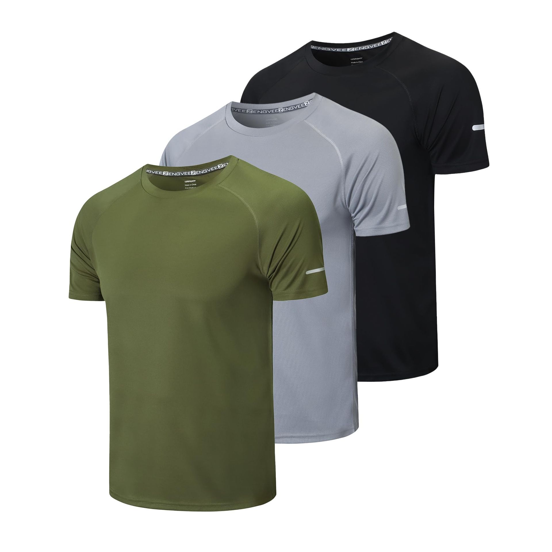 Men's 3 Pack Gym T-Shirts Quick Dry Moisture Wicking Workout Tops - Black Grey Navy L