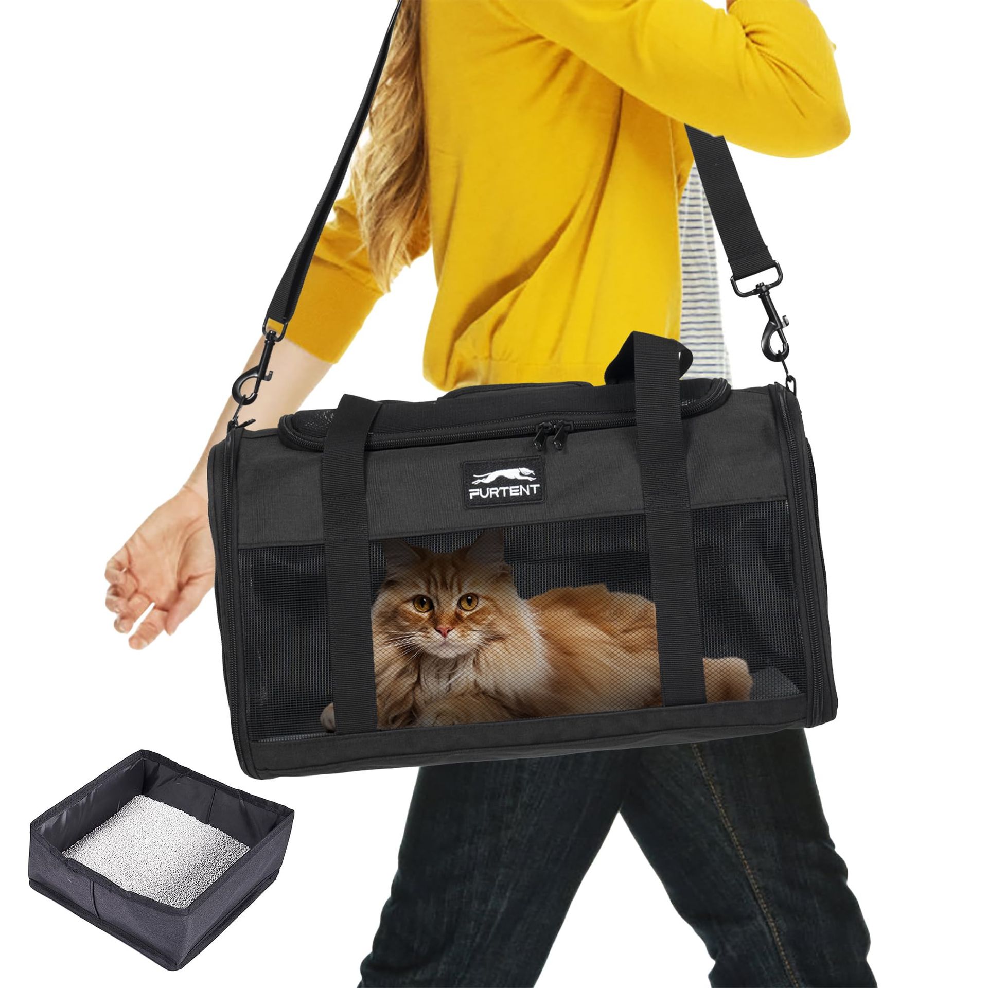 Cat and Small Dog Carrier with Foldable Litter Box Airline Approved Soft Travel Bag - Blue Medium