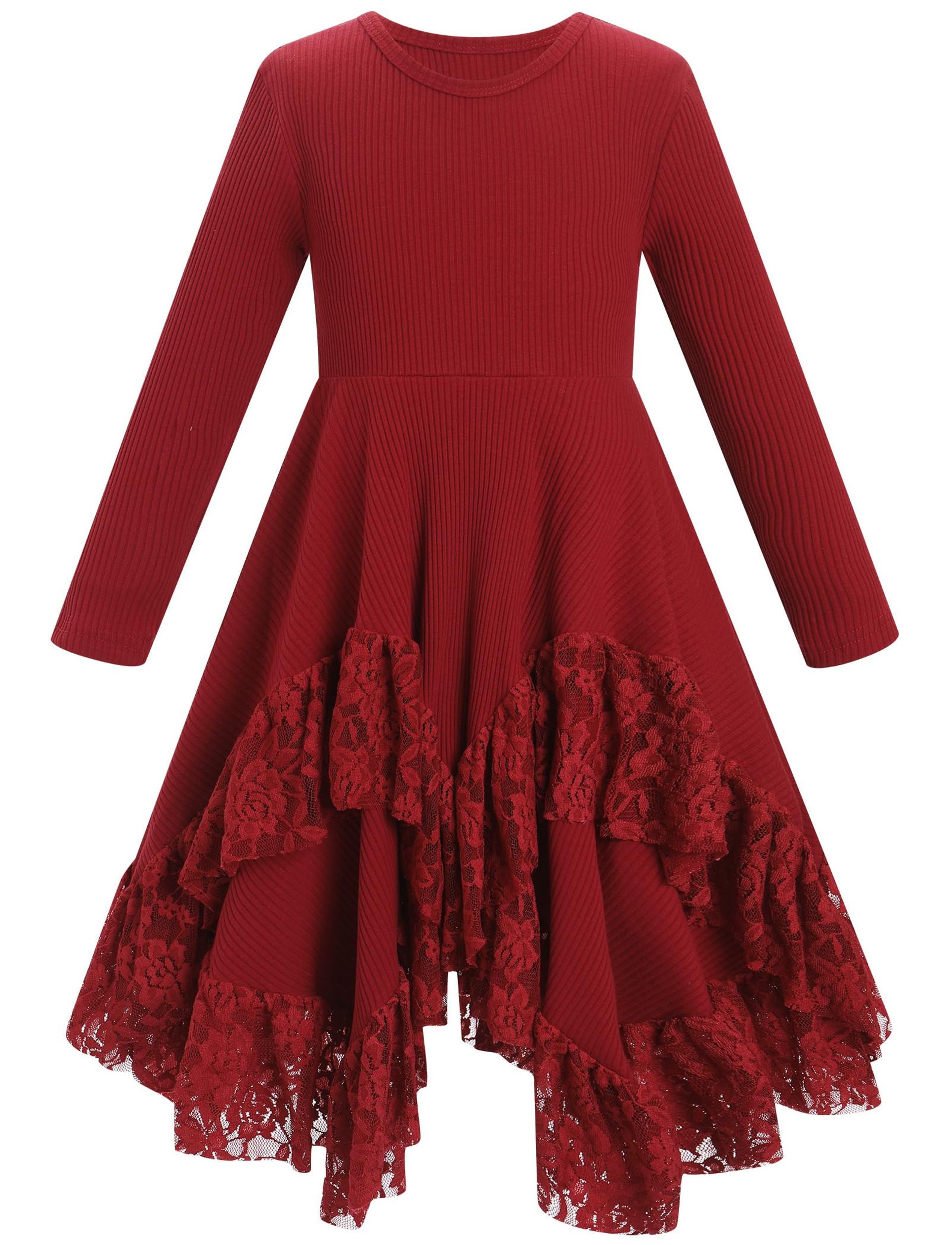 Girls Long Sleeve Ribbed Knit Lace Trim Handkerchief Hem Casual Dress - Red 9-10 Years