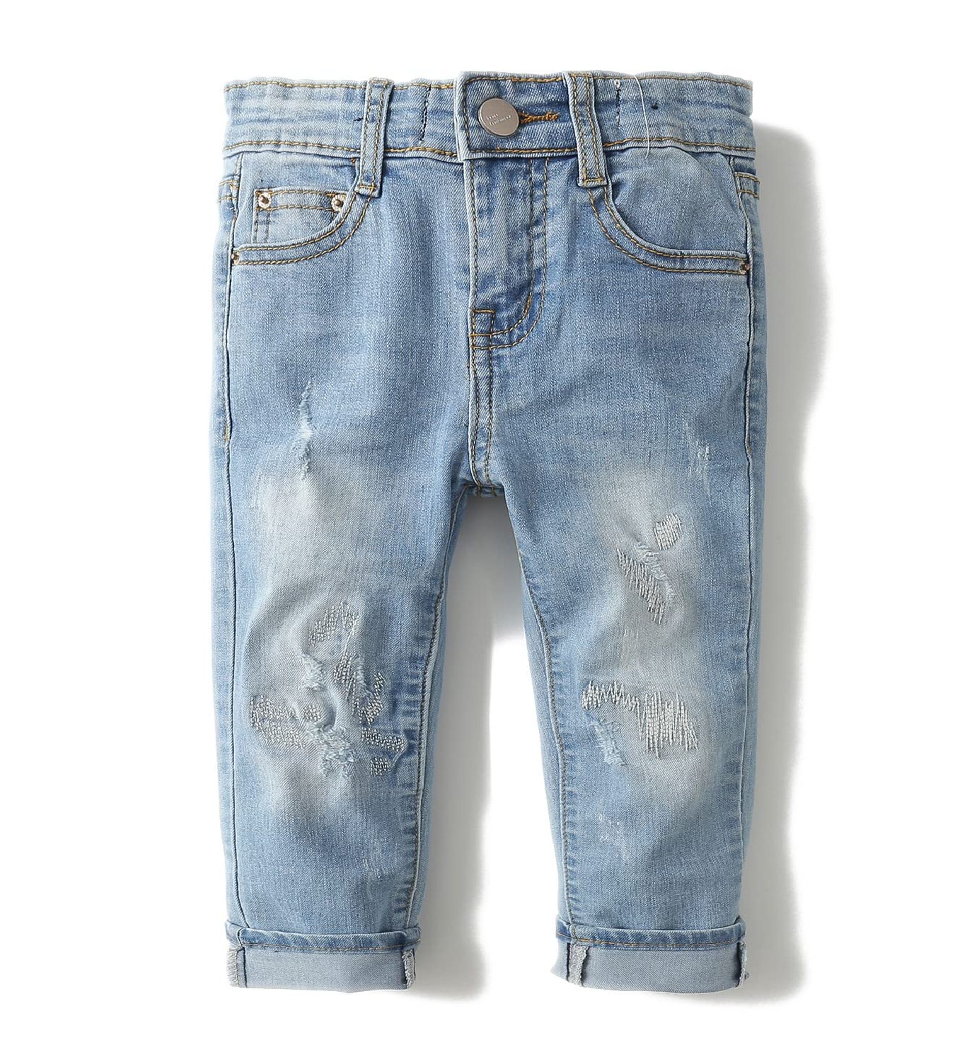 Baby Jeans with Adjustable Elastic Waist and Ripped Denim Style by KIDSCOOL SPACE - Light Blue 6-12 Months