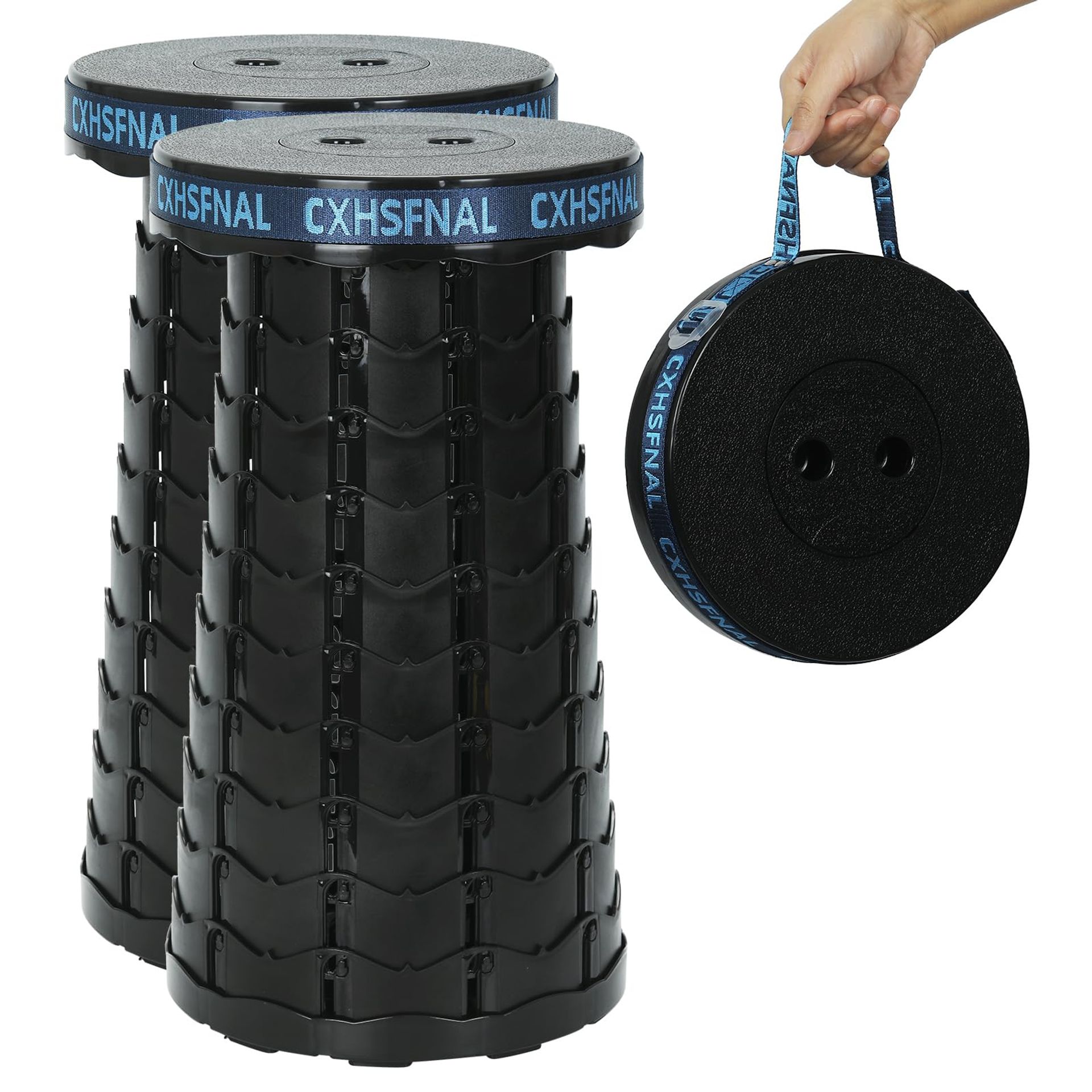 Portable Folding Stool 2 Pack Lightweight Adjustable Retractable Camping Chair 180kg Load - Black Double