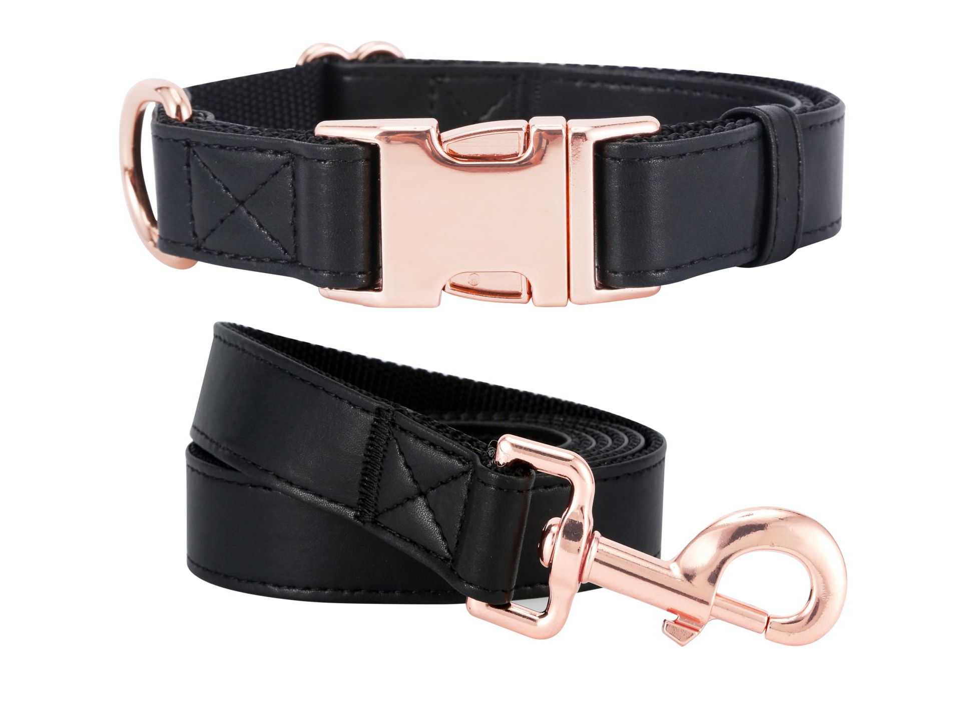 Dog Collar and Leash Set Soft Easy-Clean Vegan Leather with Rose Gold Buckle for Small to Large Dogs - Black L(15.4"-24.8")